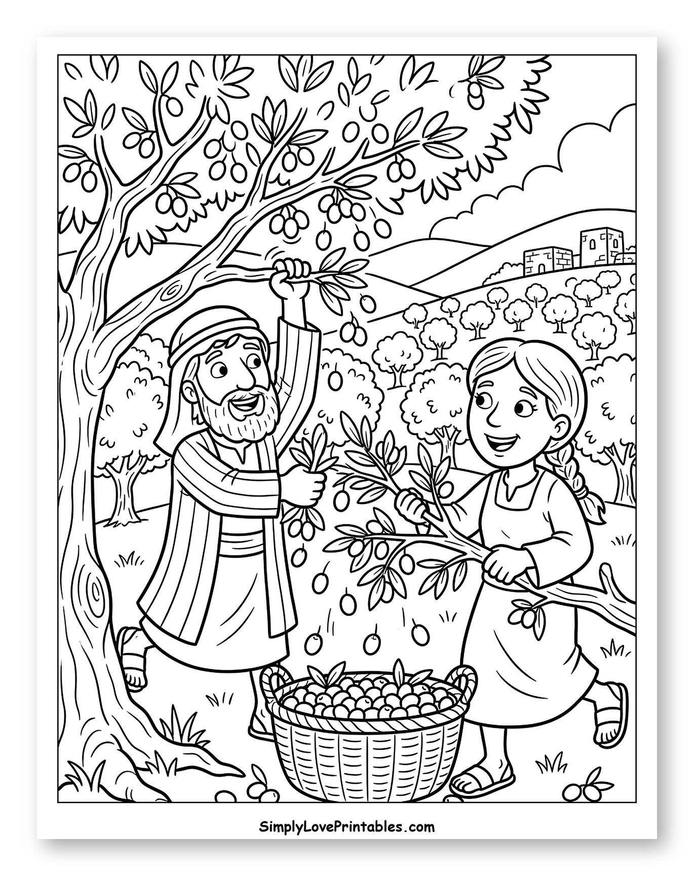 Man and Girl Harvesting Olives