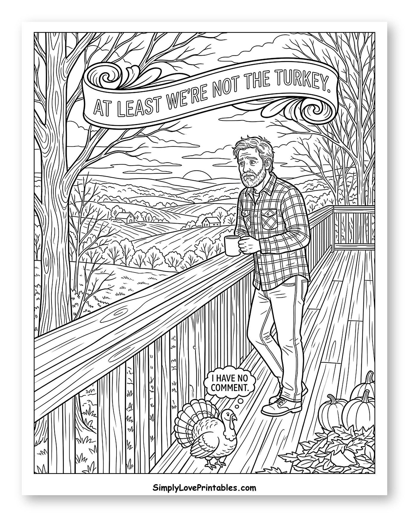 Man and Sarcastic Turkey on a Wooden Deck
