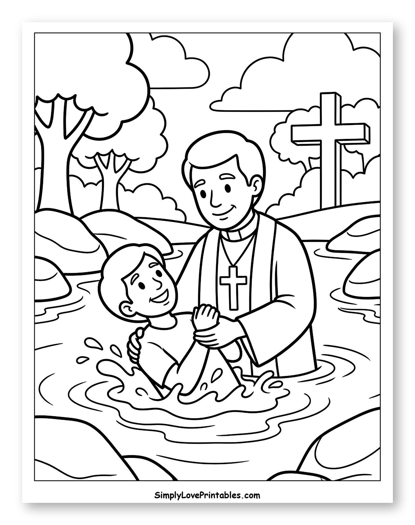 Man Baptizing a Boy in a River with a Cross to Color for Toddlers