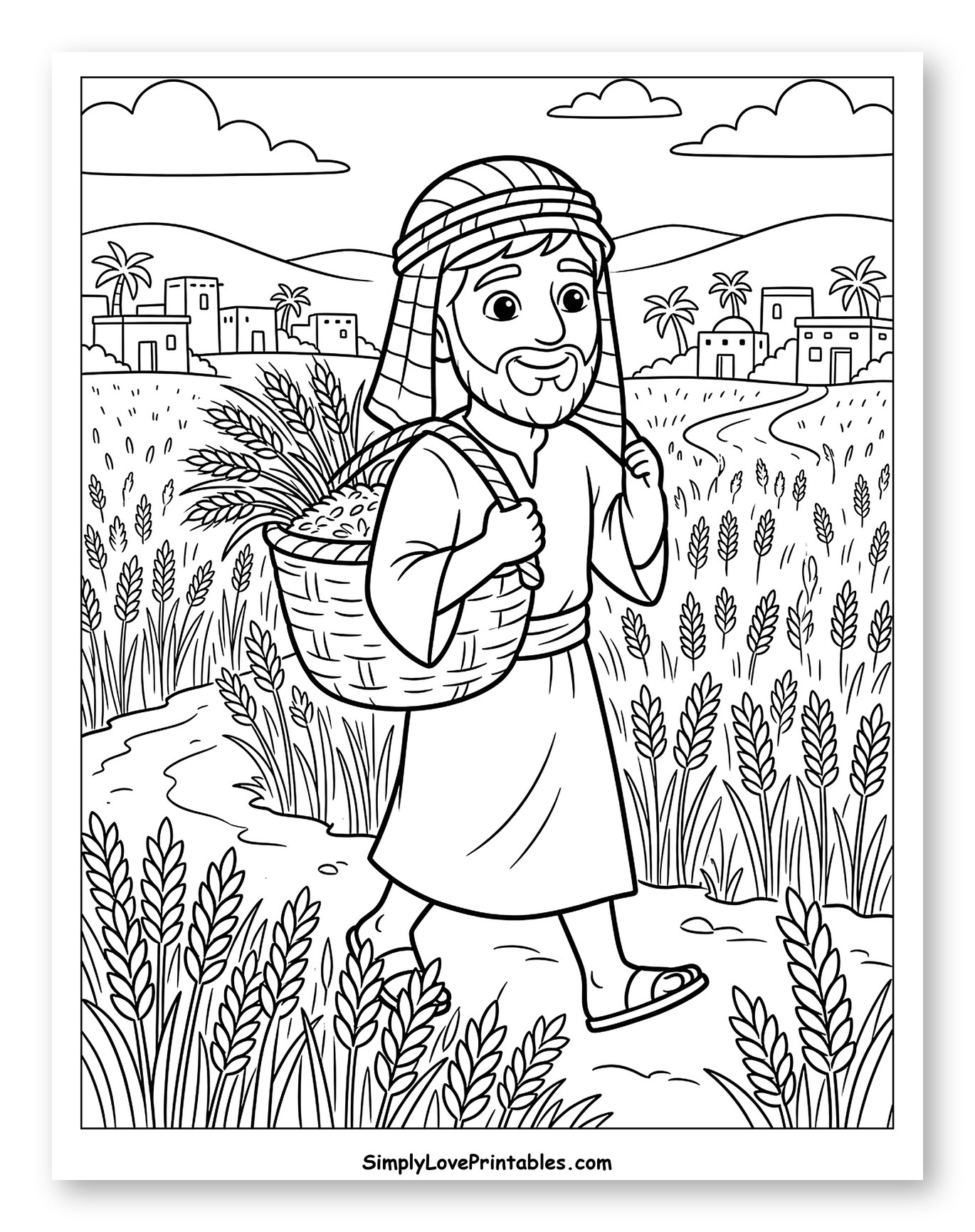 Man Carrying Wheat Basket Through Harvest Field Coloring Page for Kids