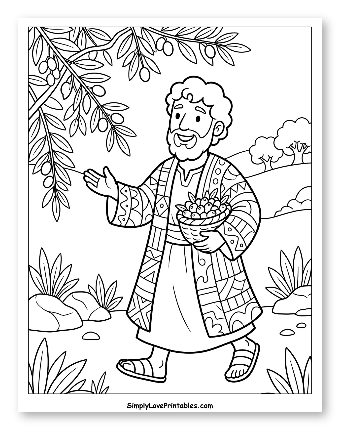 Man Harvesting Olives from an Olive Tree to Color for Kids