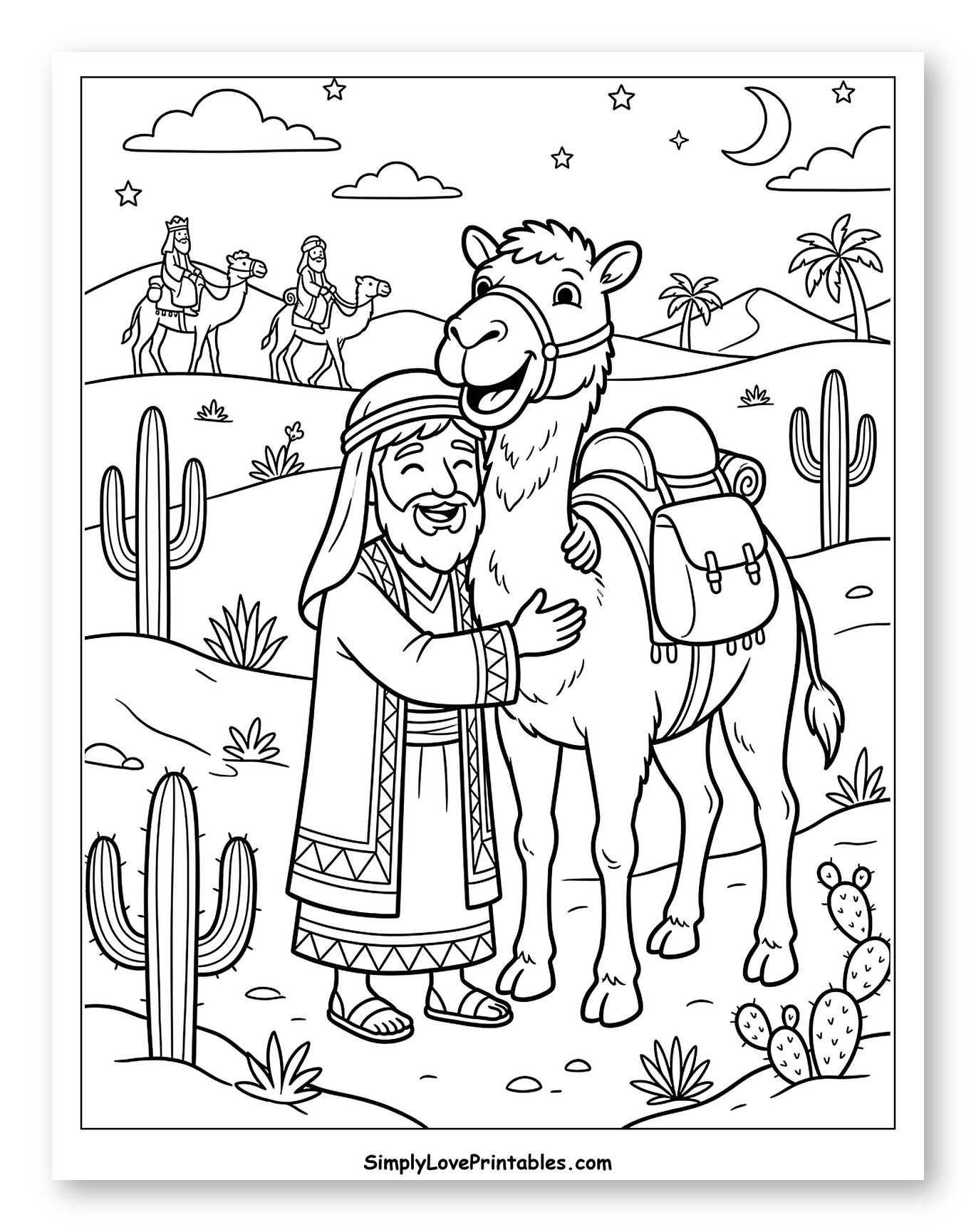 Man Hugging Happy Camel in Desert to Color for Kids