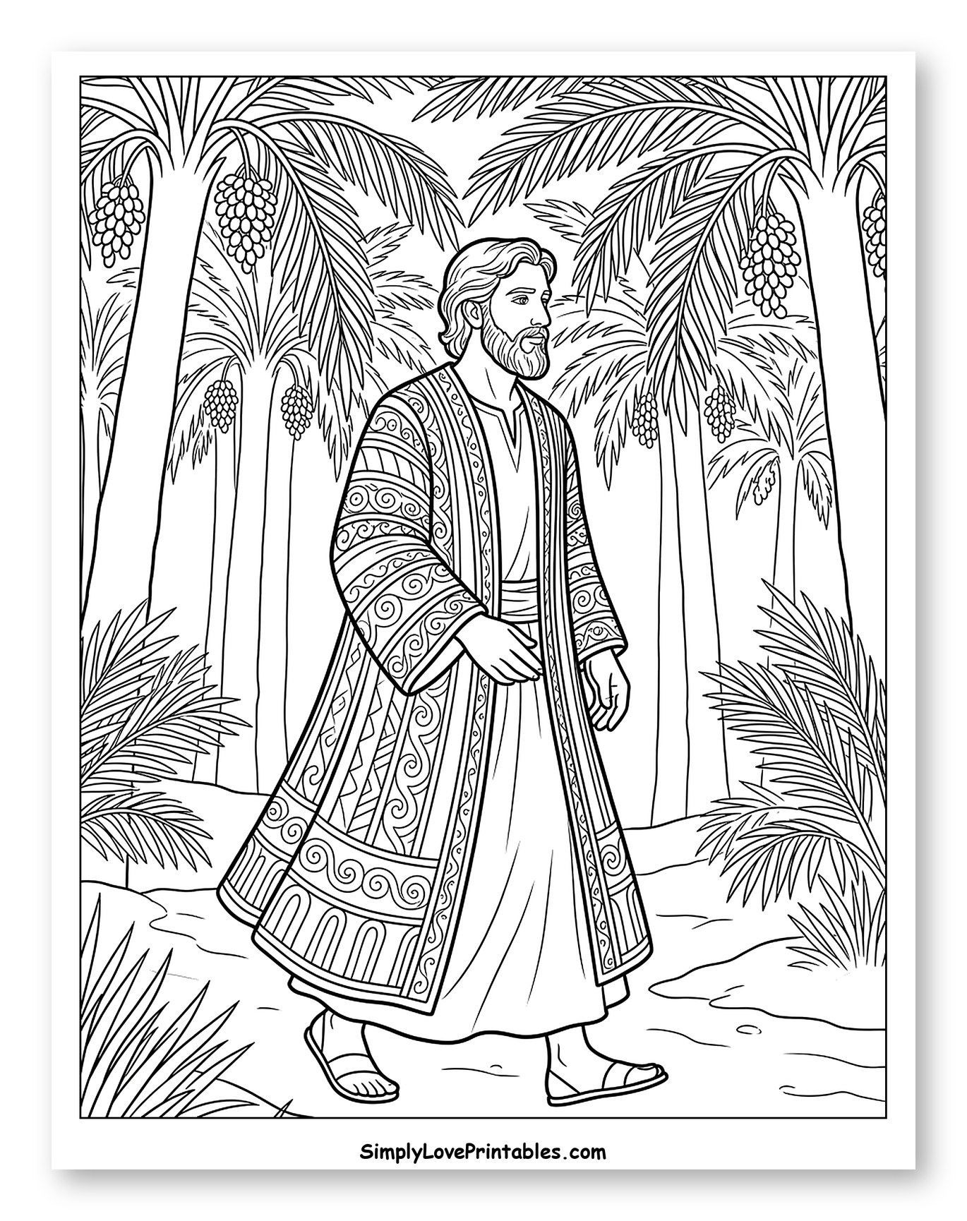 Man in Patterned Robe Walking Among Date Palms Coloring Page