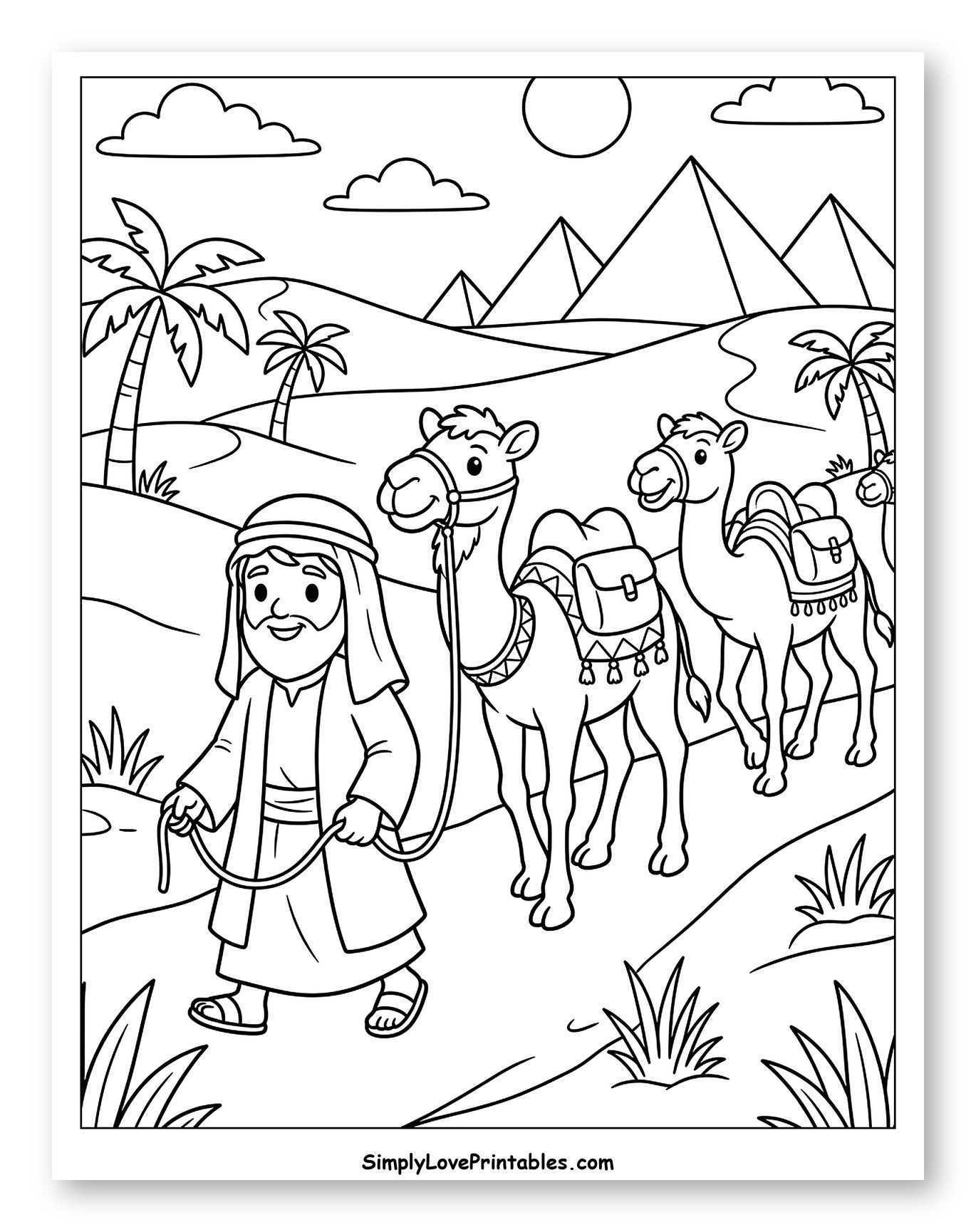 Man Leading Camels in Desert with Pyramids Coloring Sheet for Kids