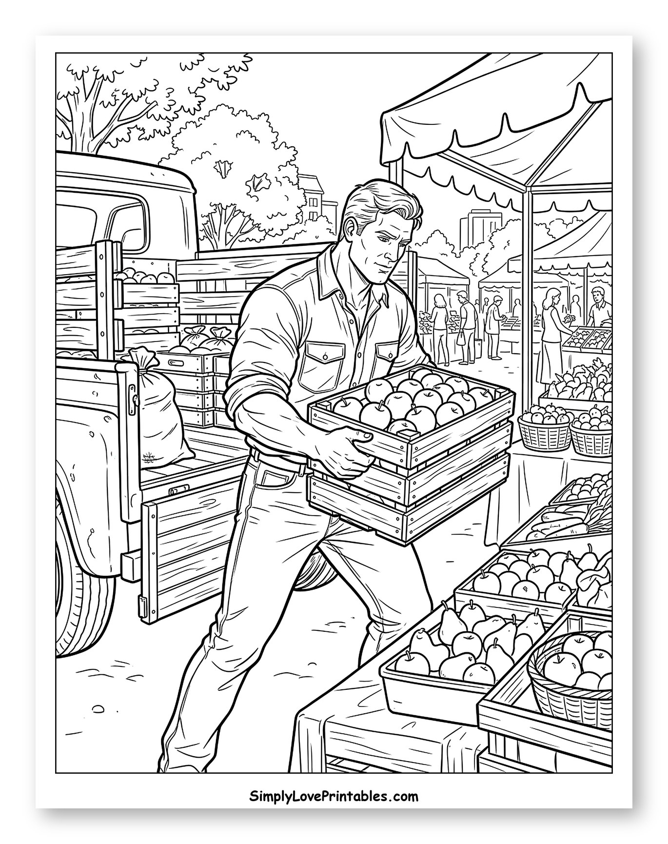Man Moving Apple Crates at Market to Color