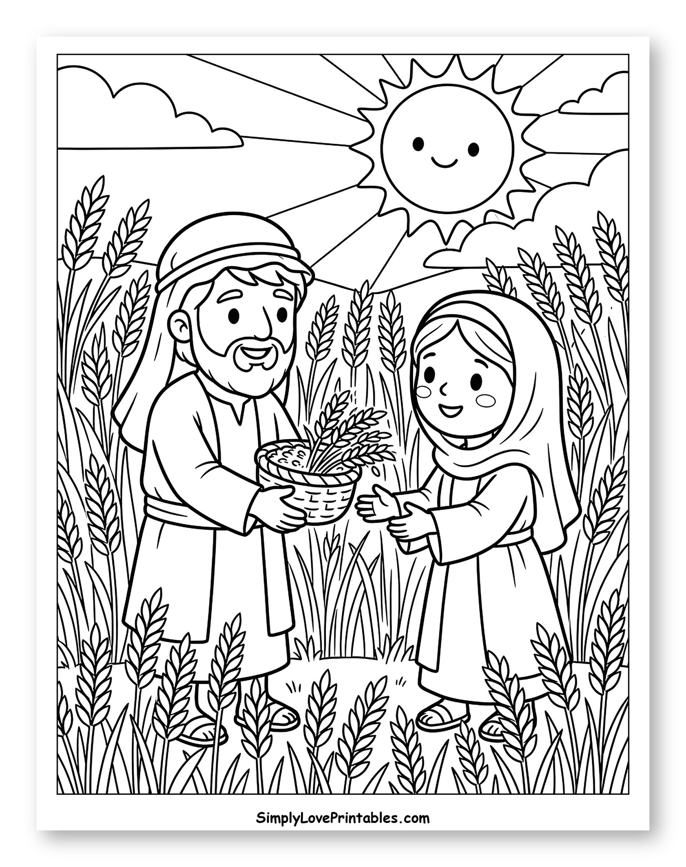 Man Offering Wheat to Woman Under Sun Coloring Page for Kids