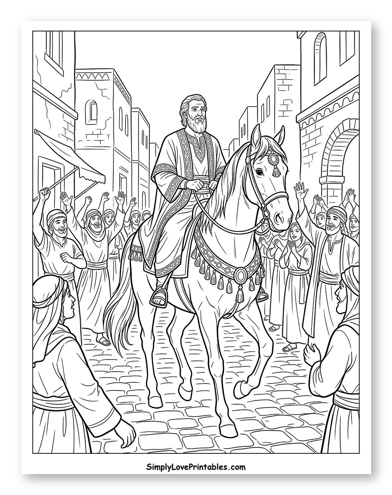 Man on Horseback in Ancient City to Color