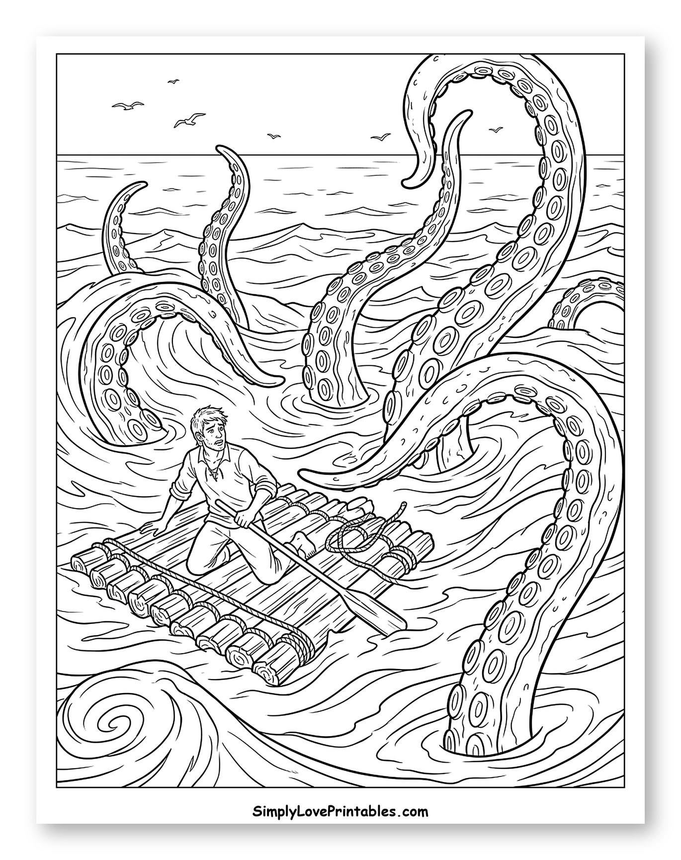 Man on Raft Attacked by Kraken Tentacles to Color