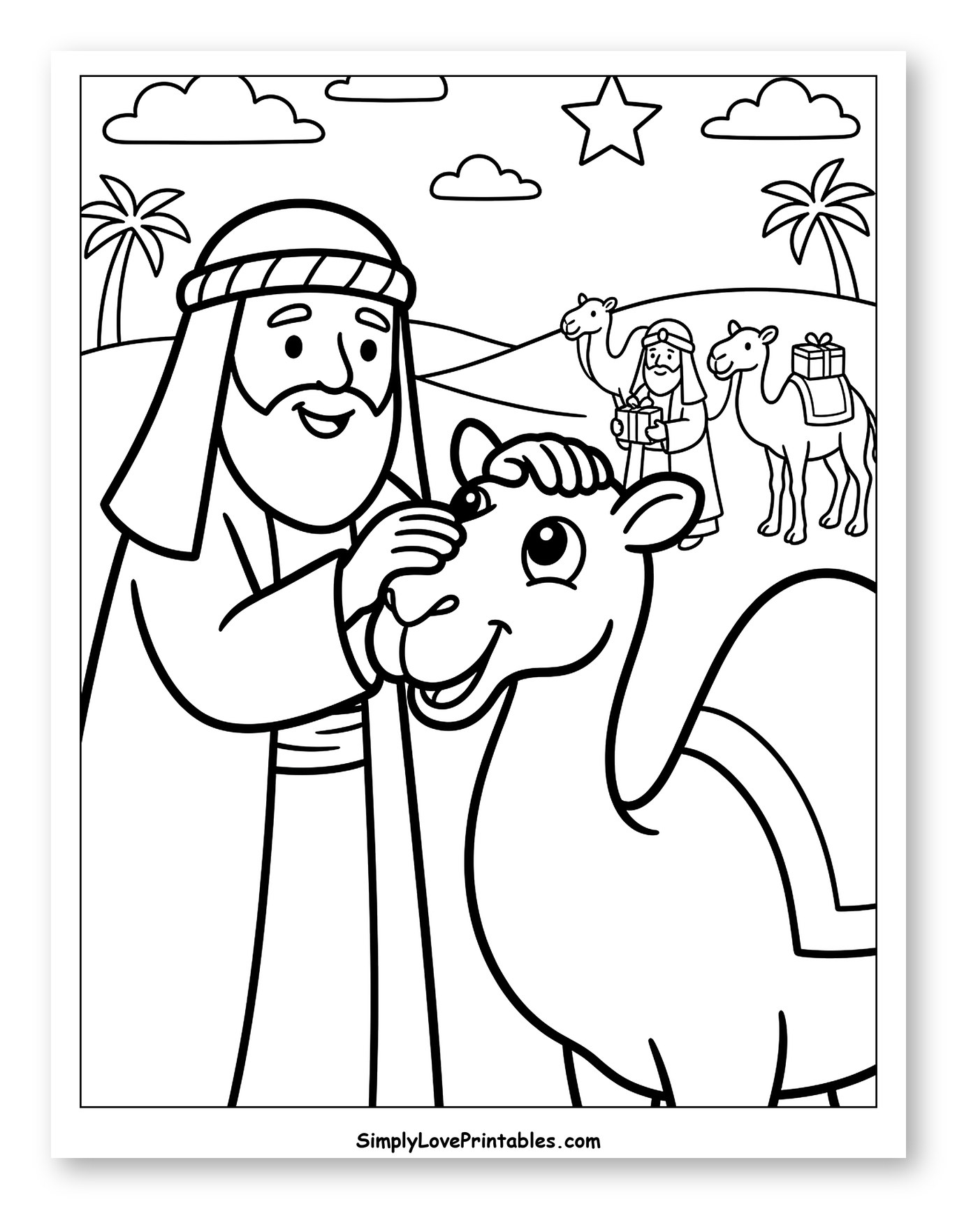 Man Petting a Camel with Three Wise Men Coloring Sheet for Toddlers