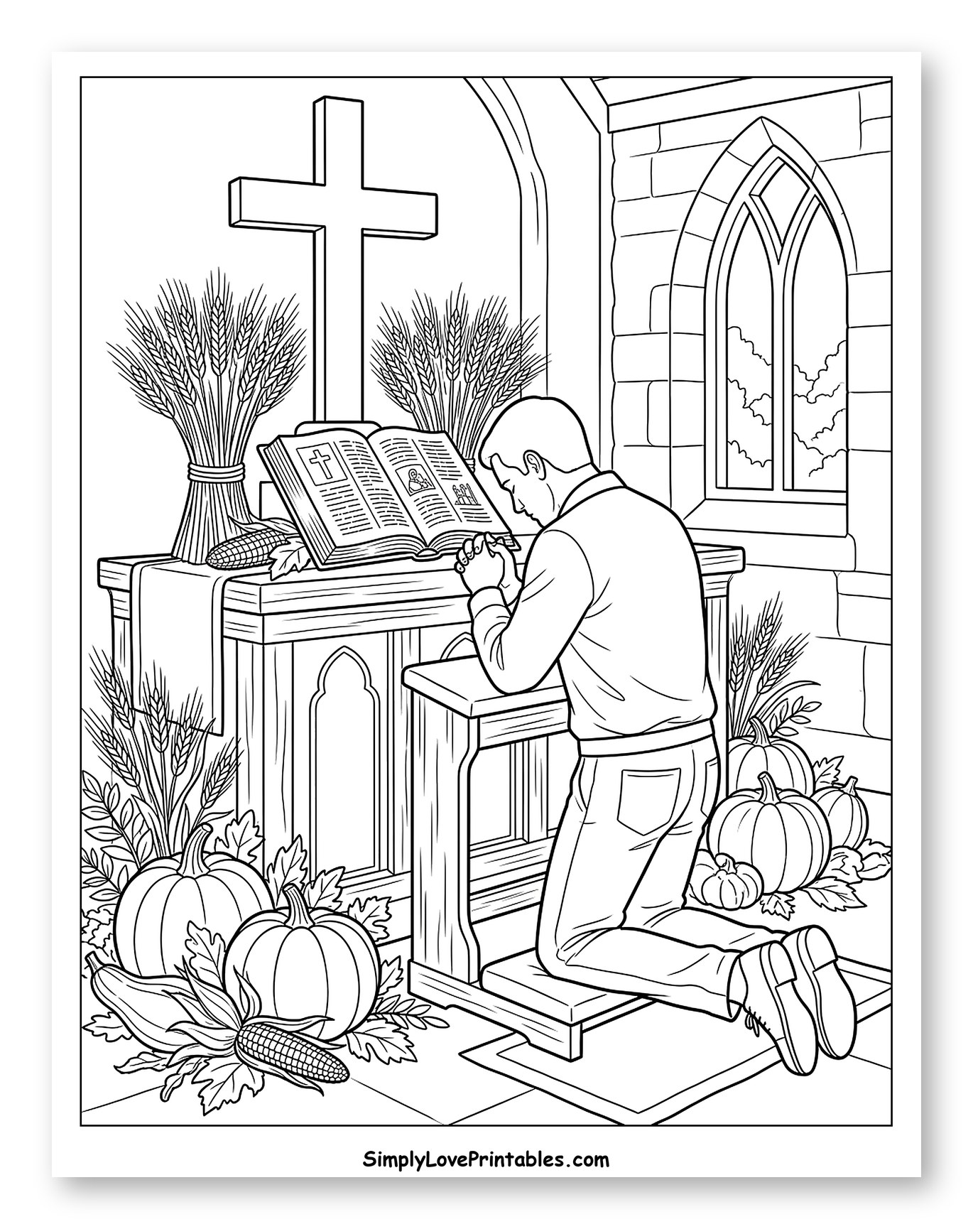 Man Praying at Church Altar with Harvest