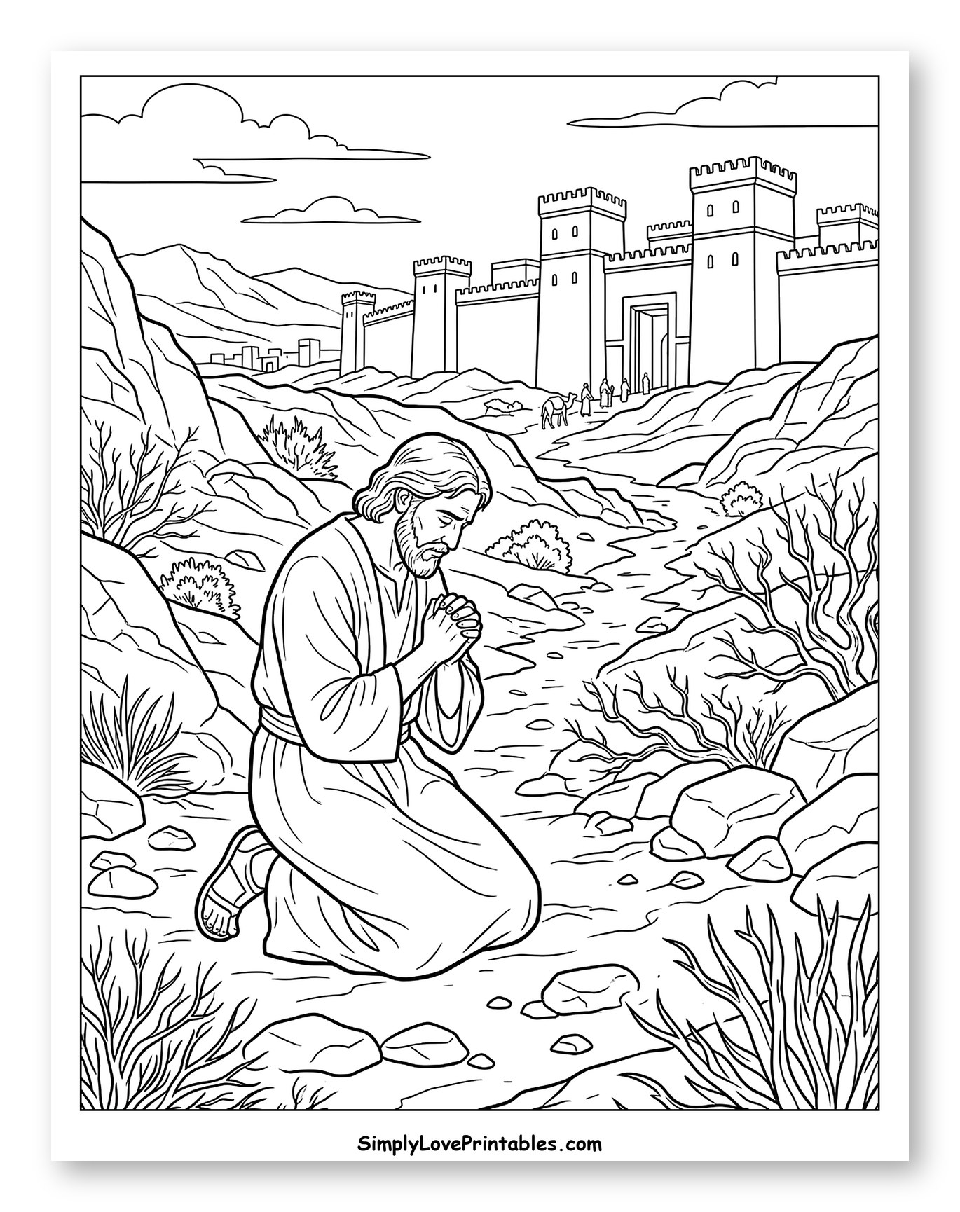Man Praying by Stream Near Walled City