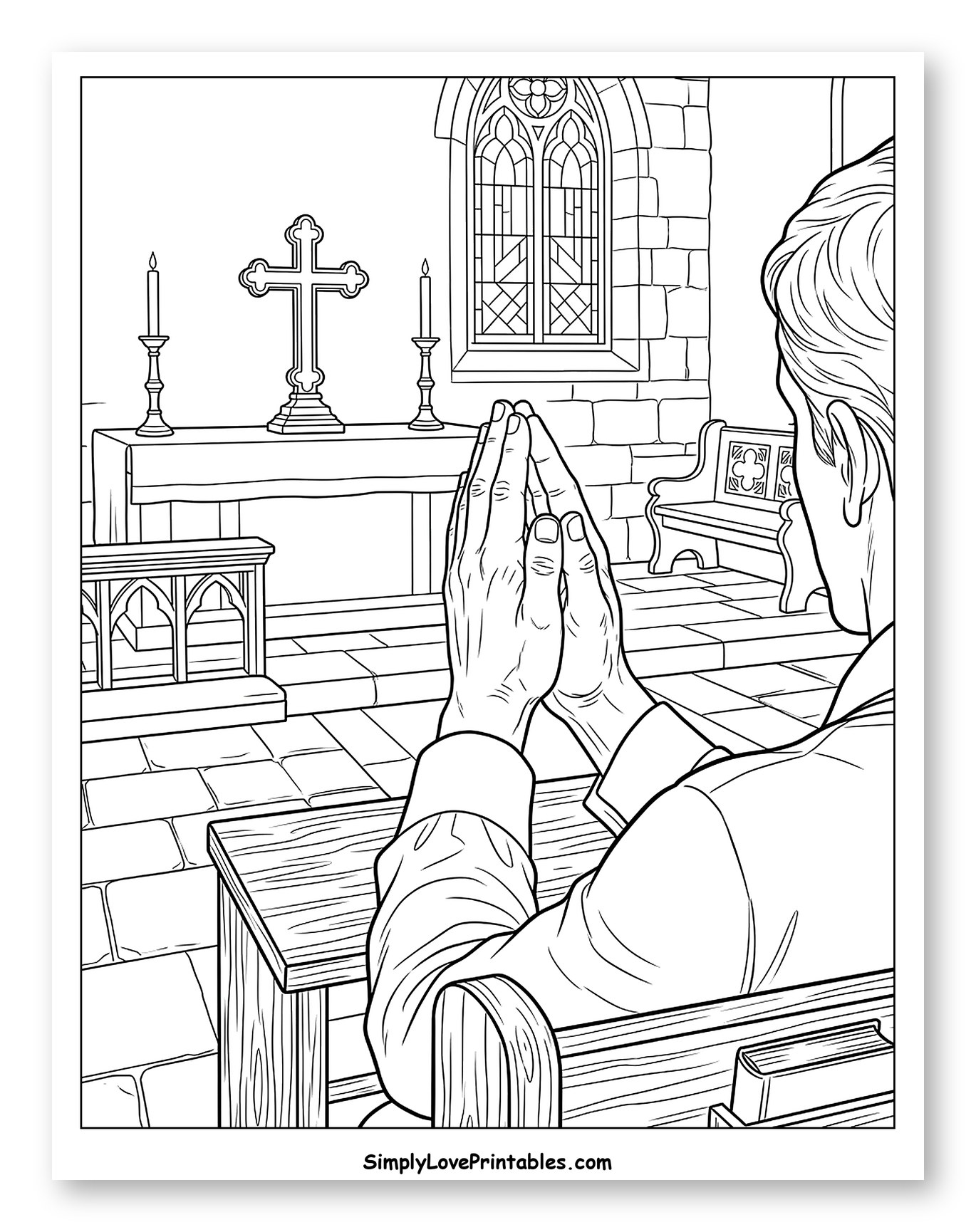 Man Praying in a Church Pew to Color
