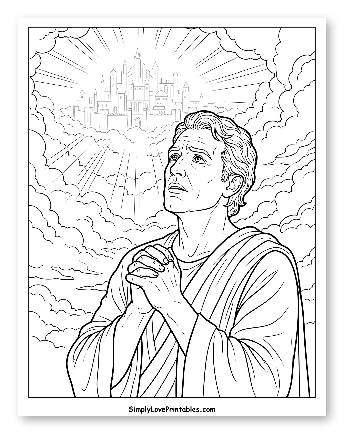 Man Praying Towards Heavenly City Coloring Sheet