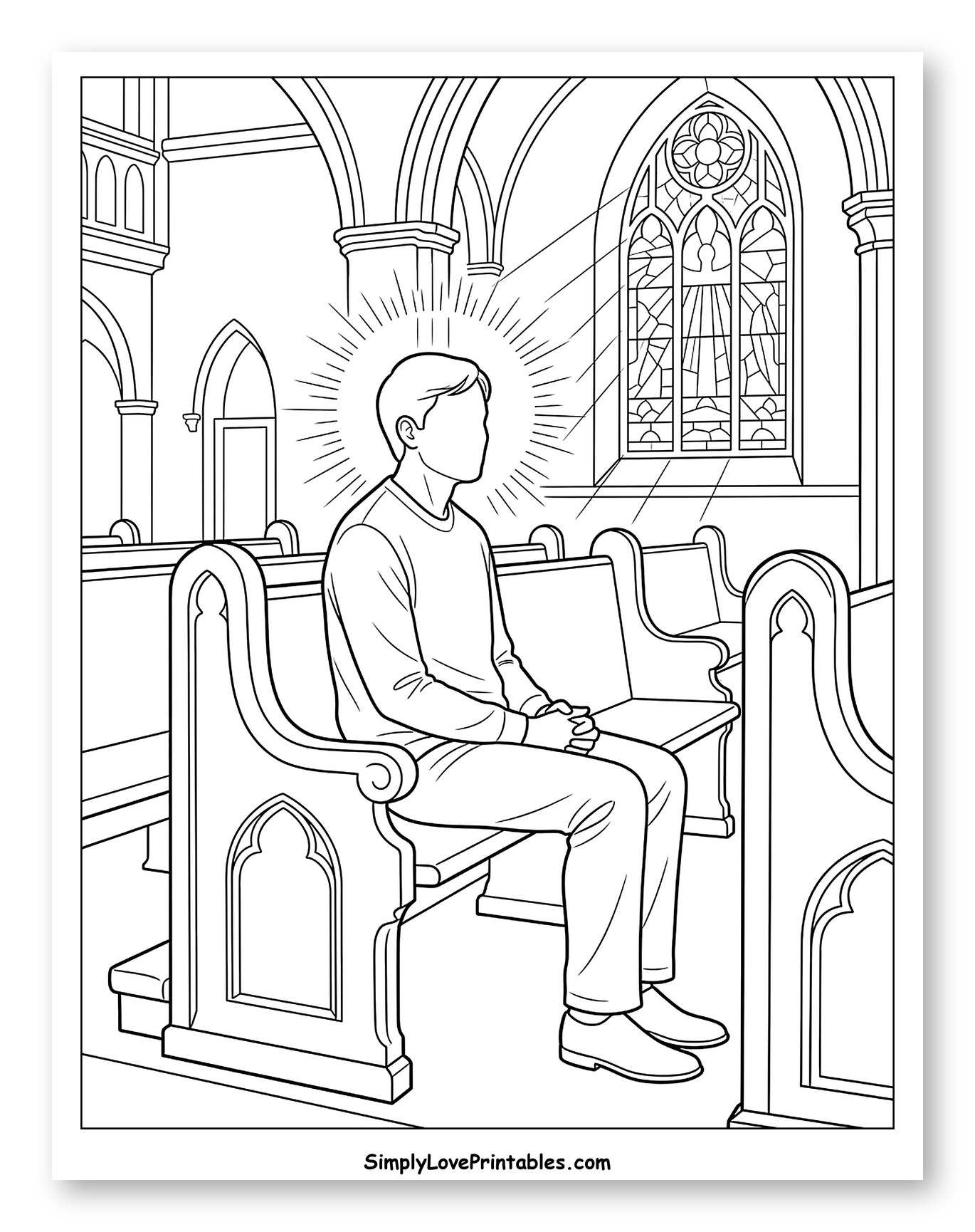 Man Sitting in Church Pew, Spiritually Reflecting to Color