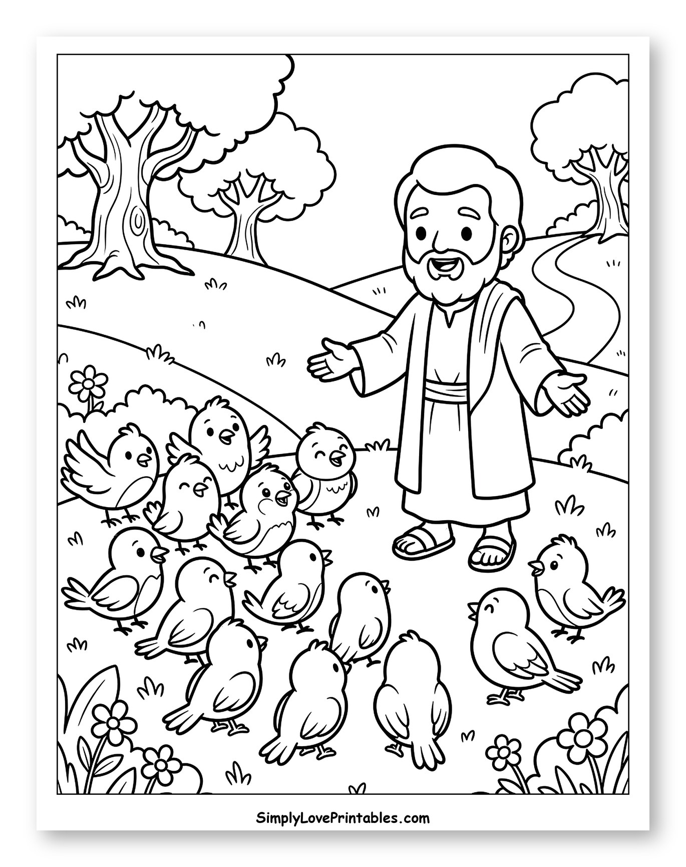 Man Speaking to Birds in a Grassy Field