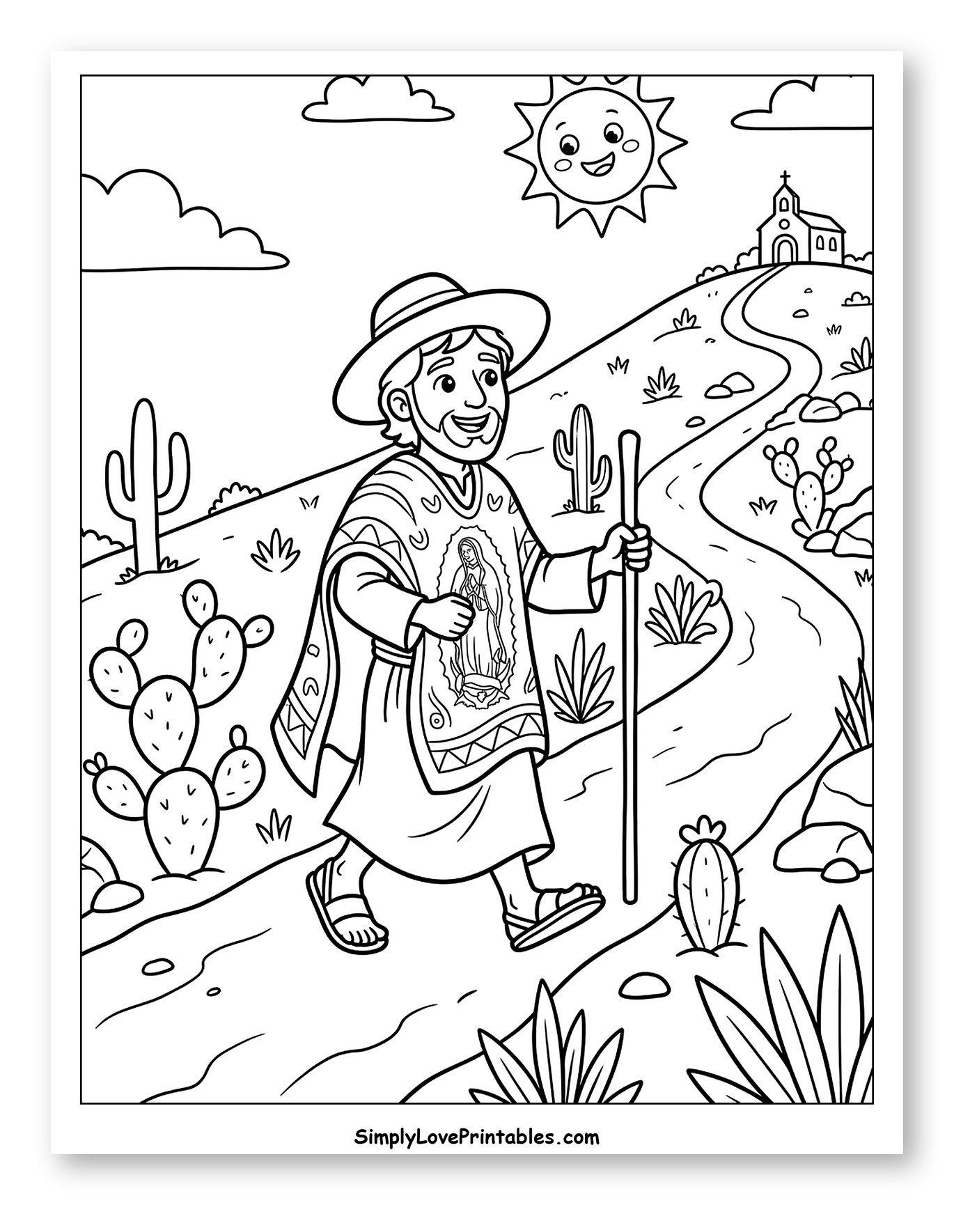 Man with Guadalupe Poncho Walking Desert Path Coloring Page for Kids