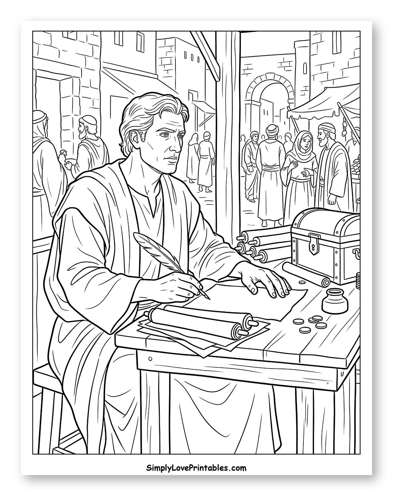 Man Writing at a Market Stall Coloring Sheet
