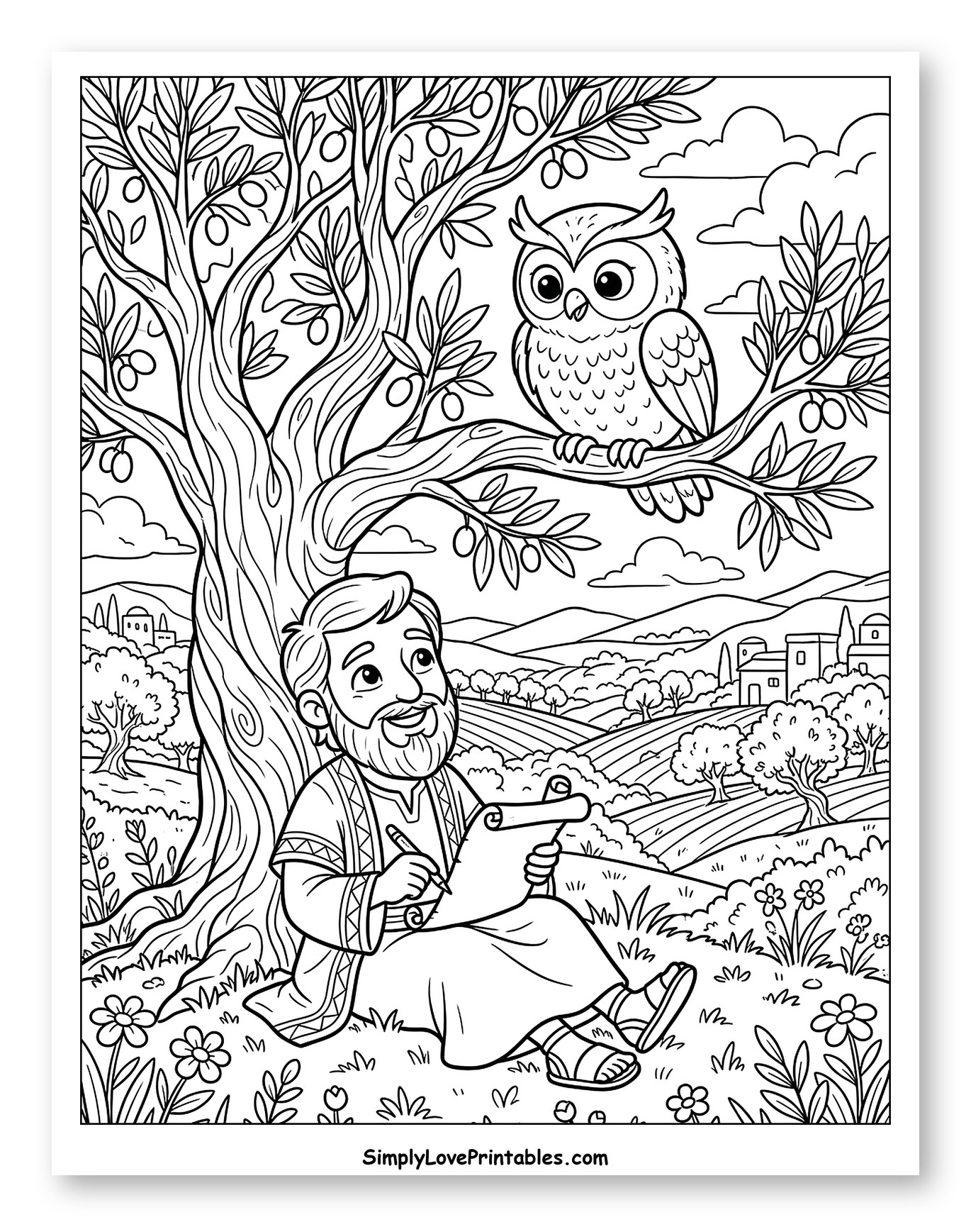 Man Writing Scroll with Owl in Olive Grove to Color for Kids