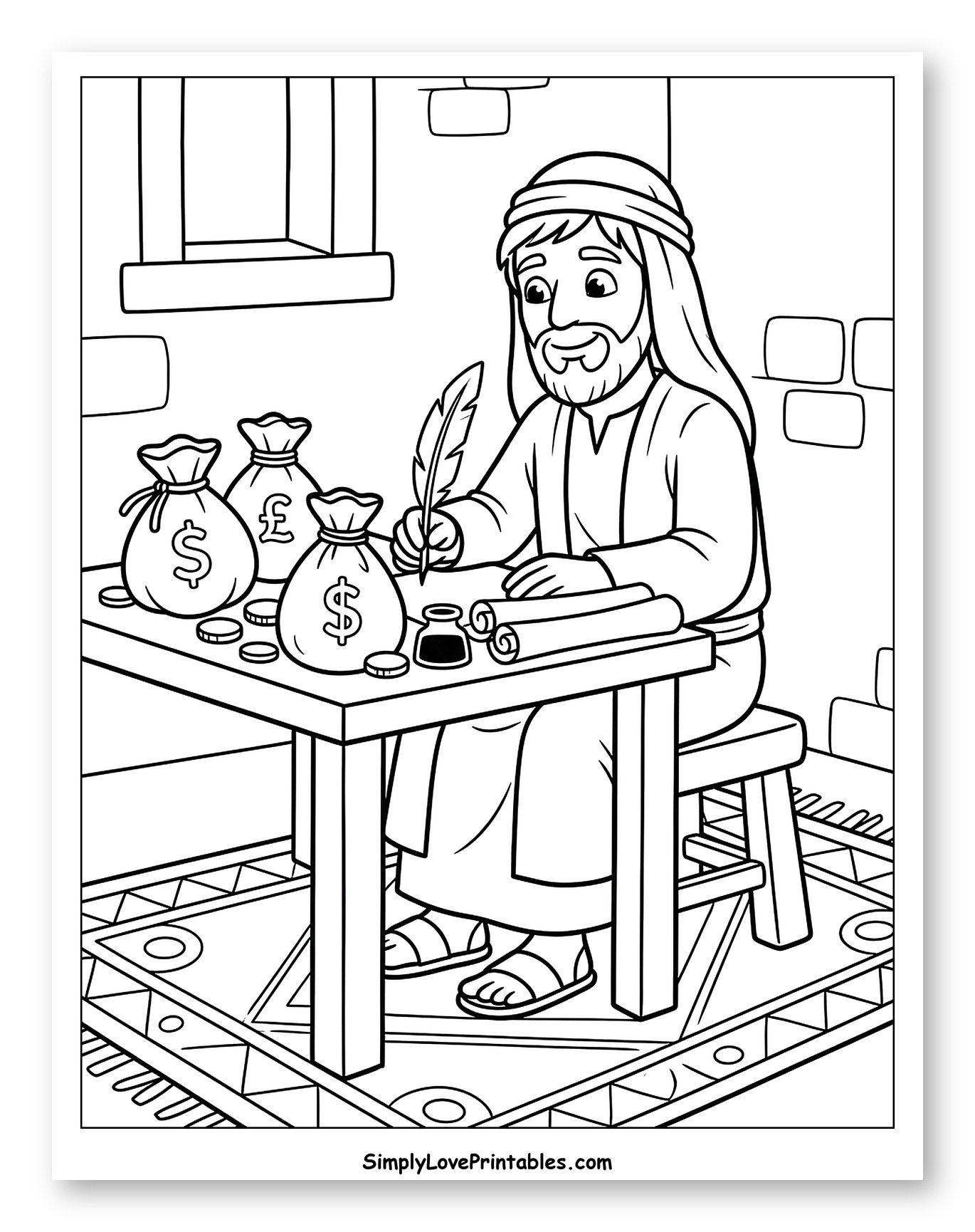 Man Writing with Quill and Money Bags Coloring Page for Kids