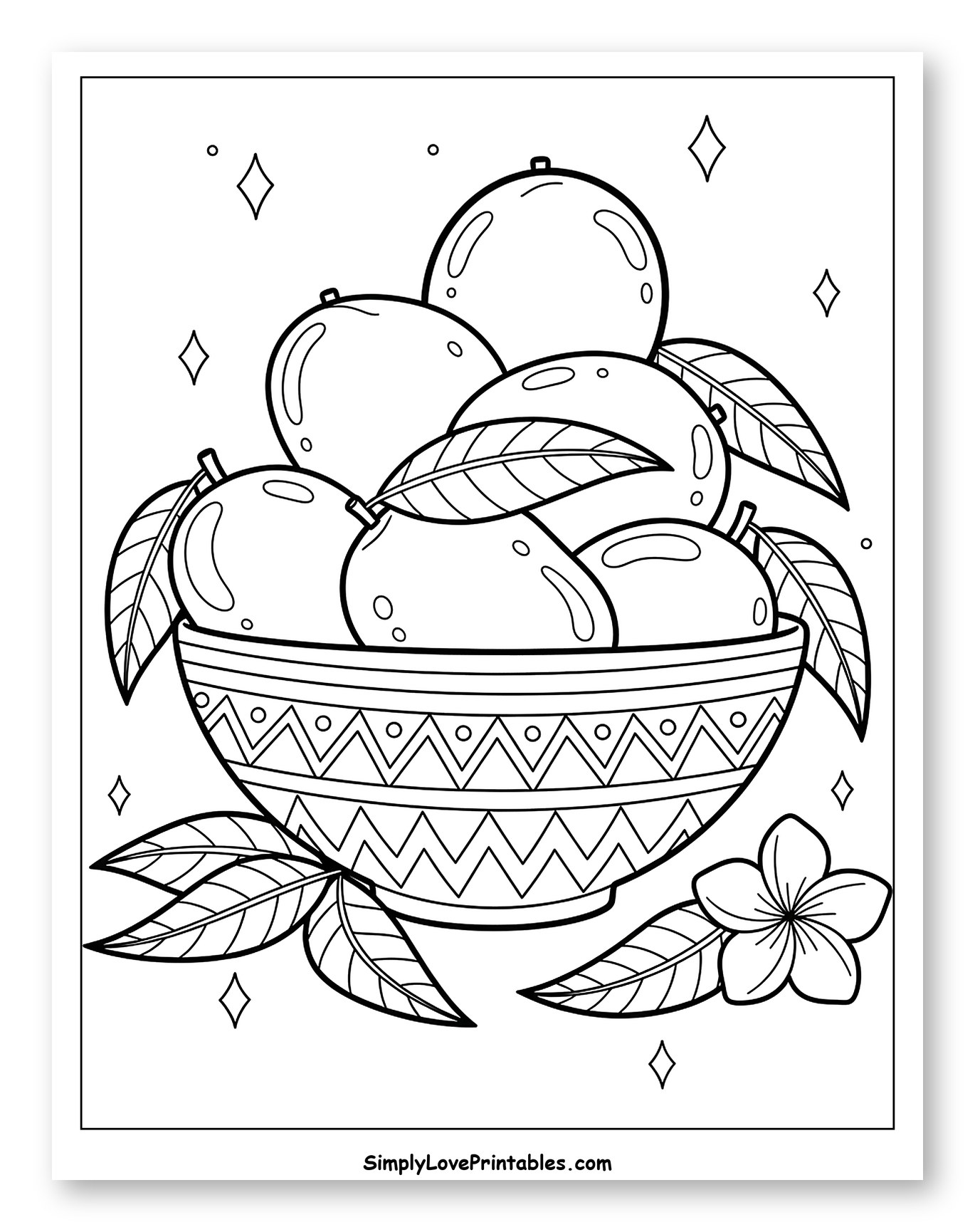 Mangoes in a Decorative Bowl with Flower Coloring Sheet for Adults