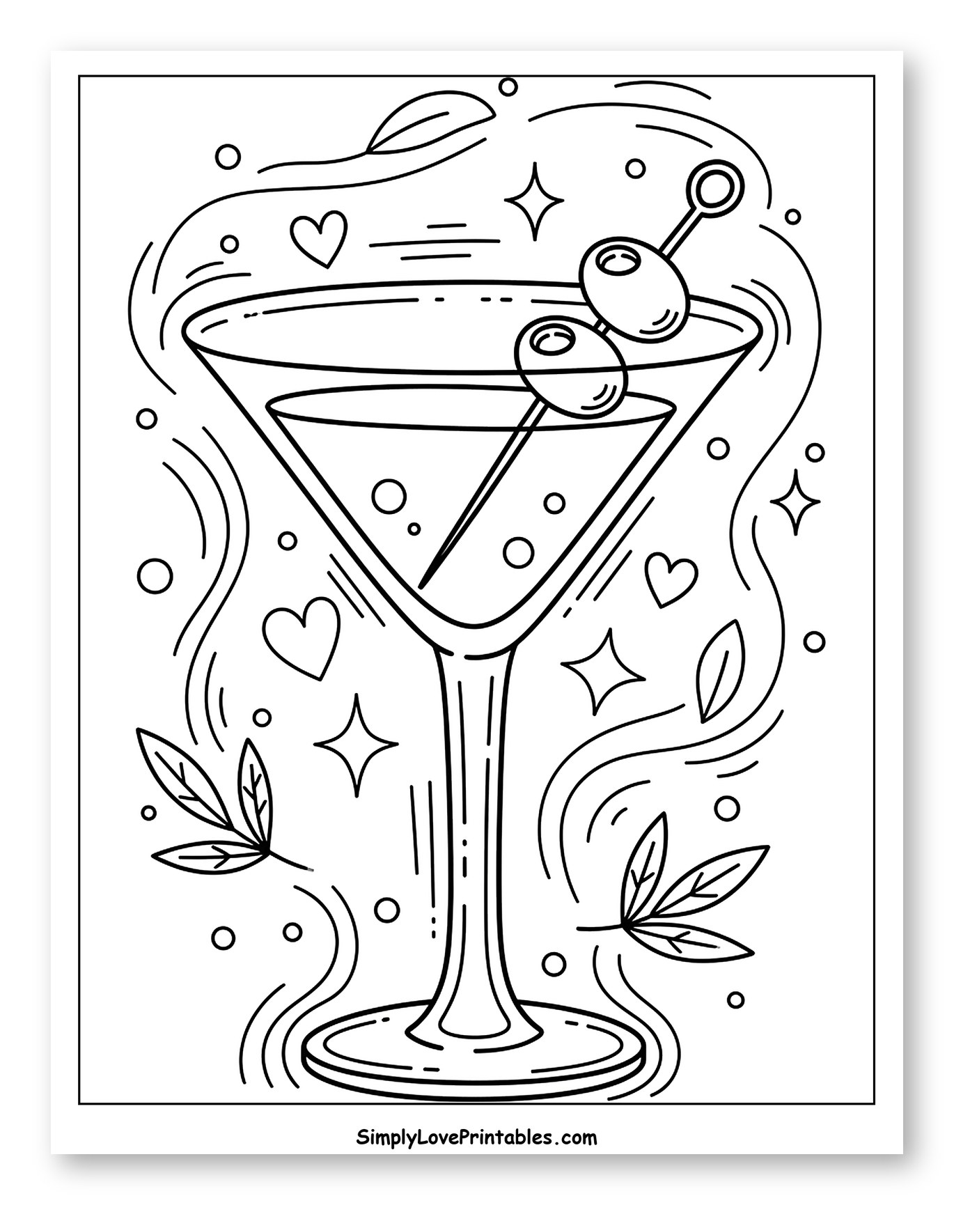 Martini Glass with Olives and Decorative Swirls