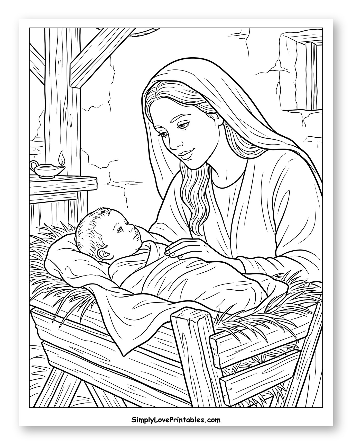 Mary and Baby Jesus in Manger Coloring Sheet
