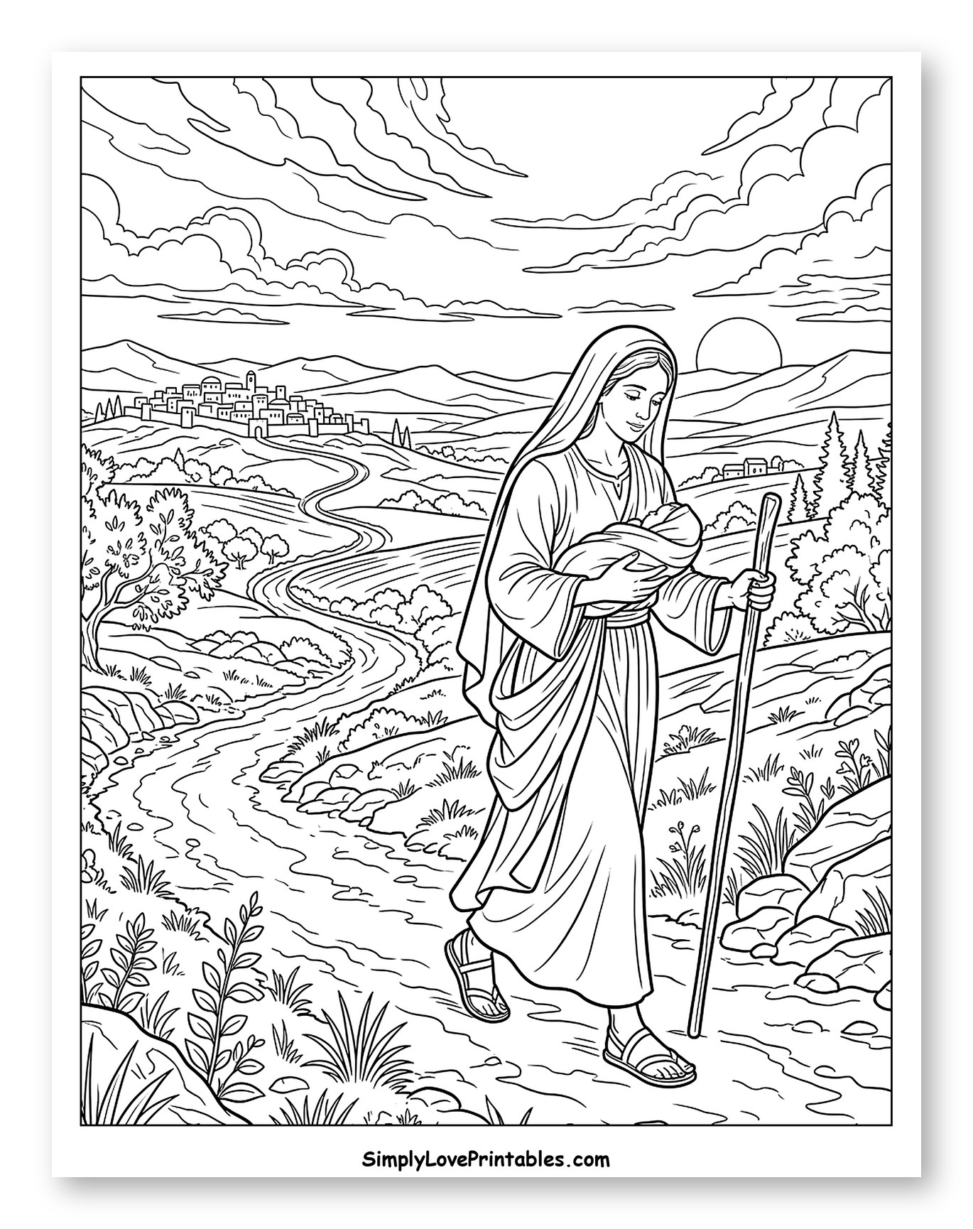 Mary and Baby Jesus Traveling to Color