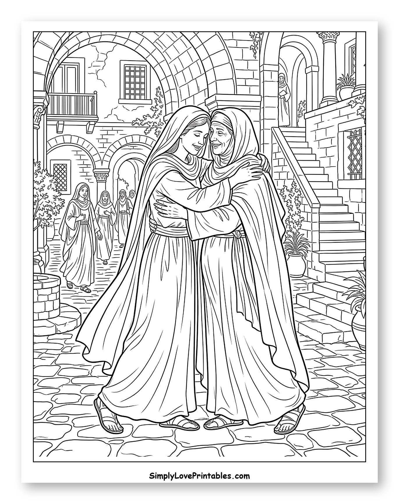 Mary and Elizabeth Embracing in a Courtyard