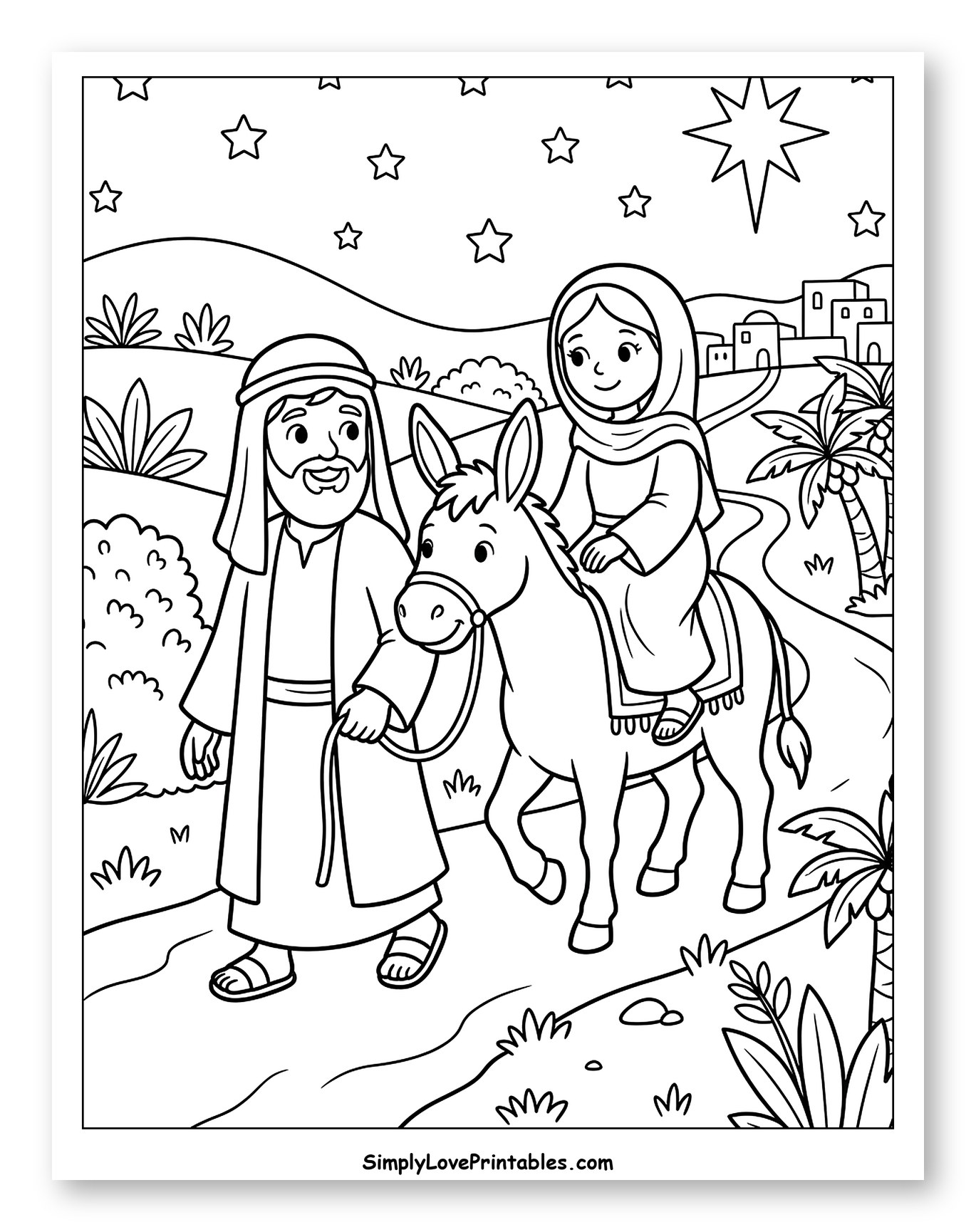 Mary and Joseph Journeying to Bethlehem Coloring Sheet for Kids