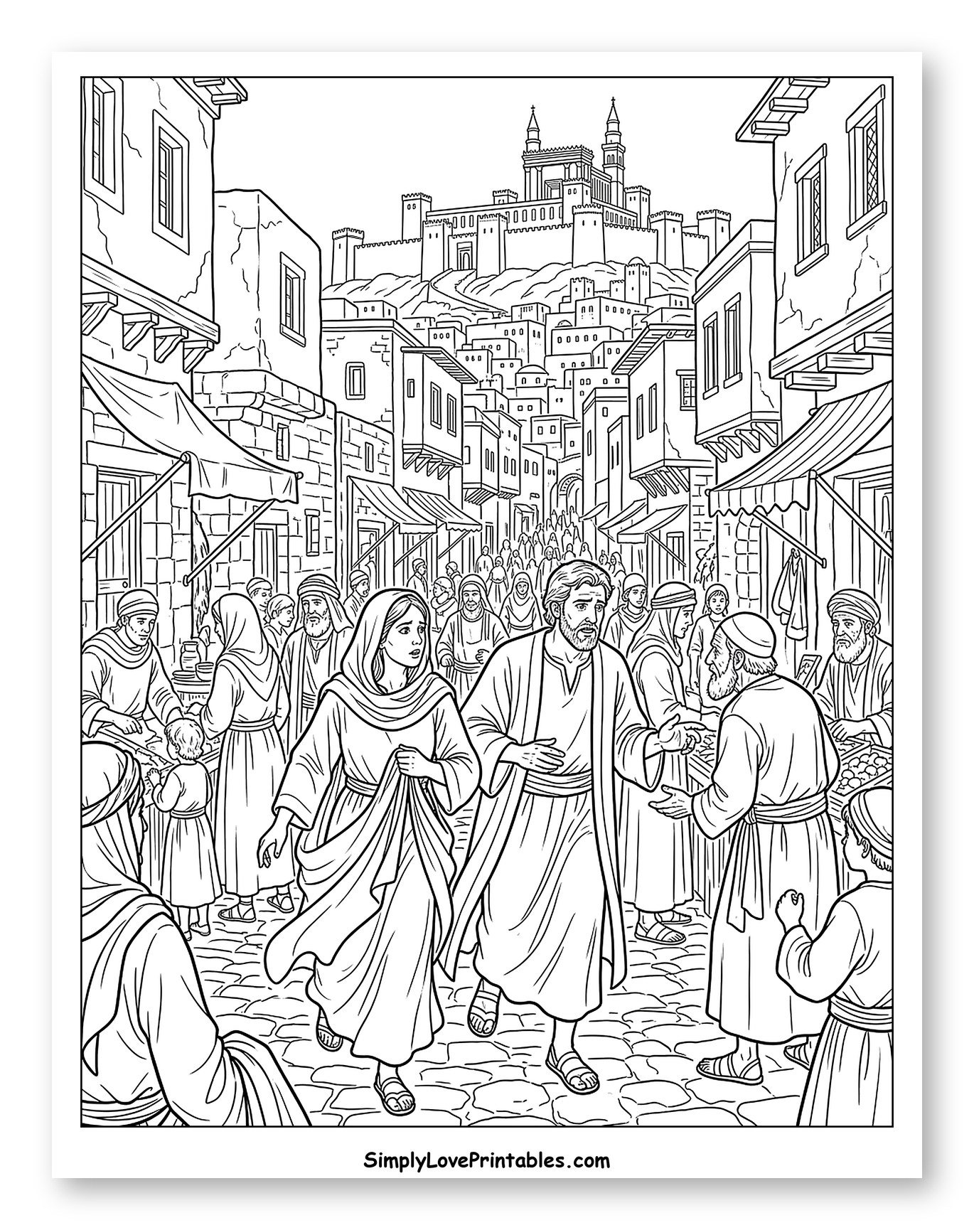 Mary and Joseph Searching for Jesus in Jerusalem Coloring Page