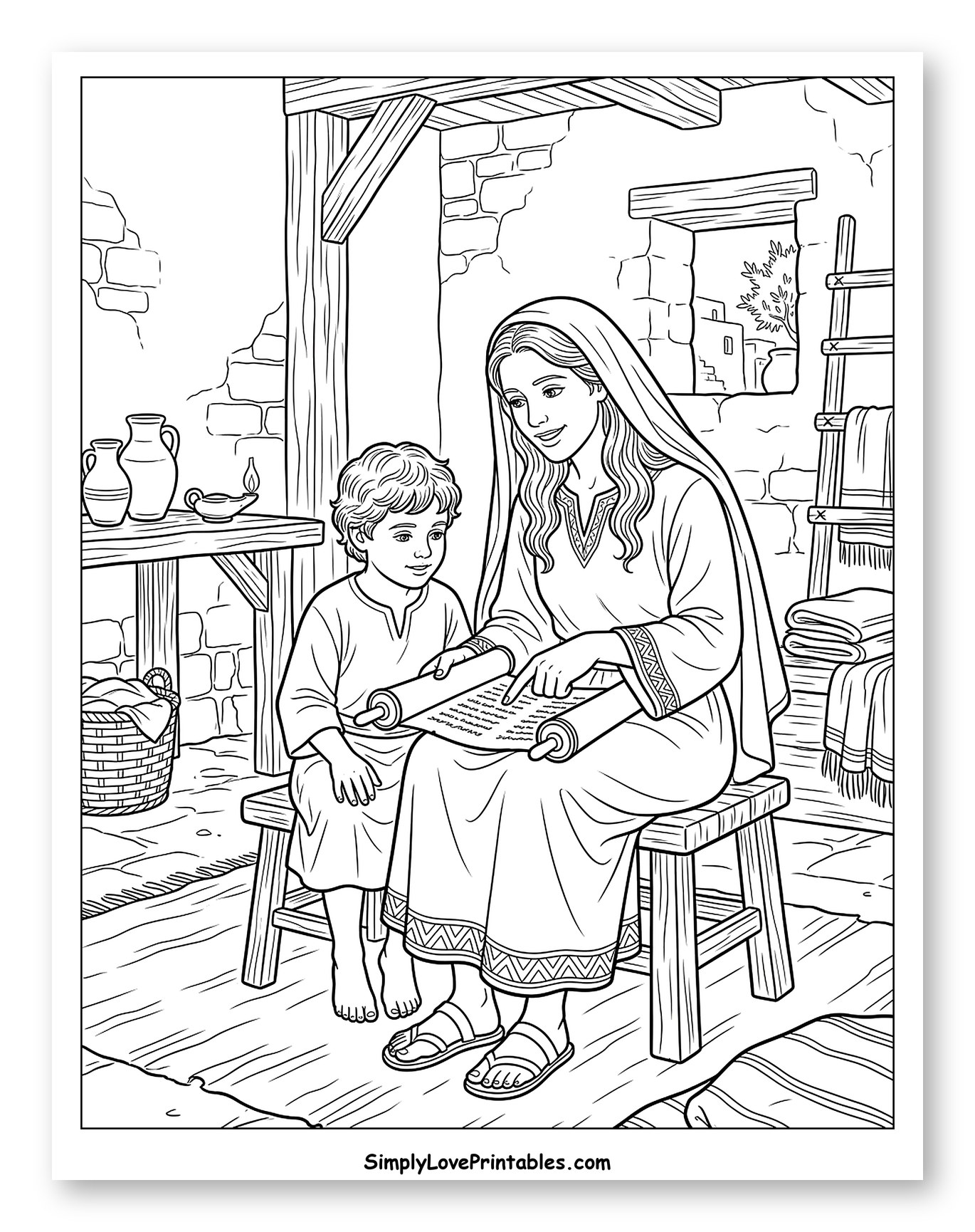 Mary and Young Jesus Studying Scroll to Color