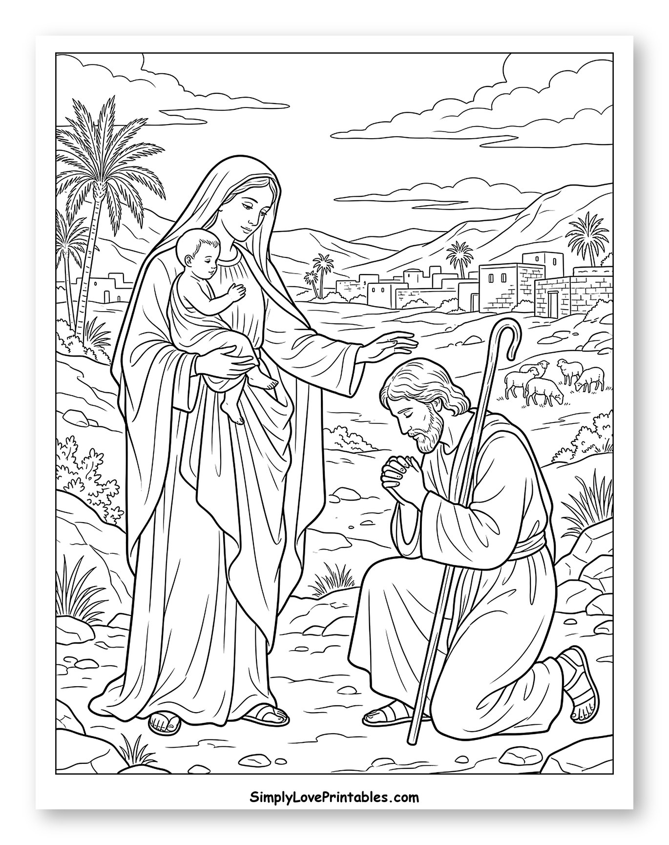 Mary, Baby Jesus, and a Kneeling Shepherd