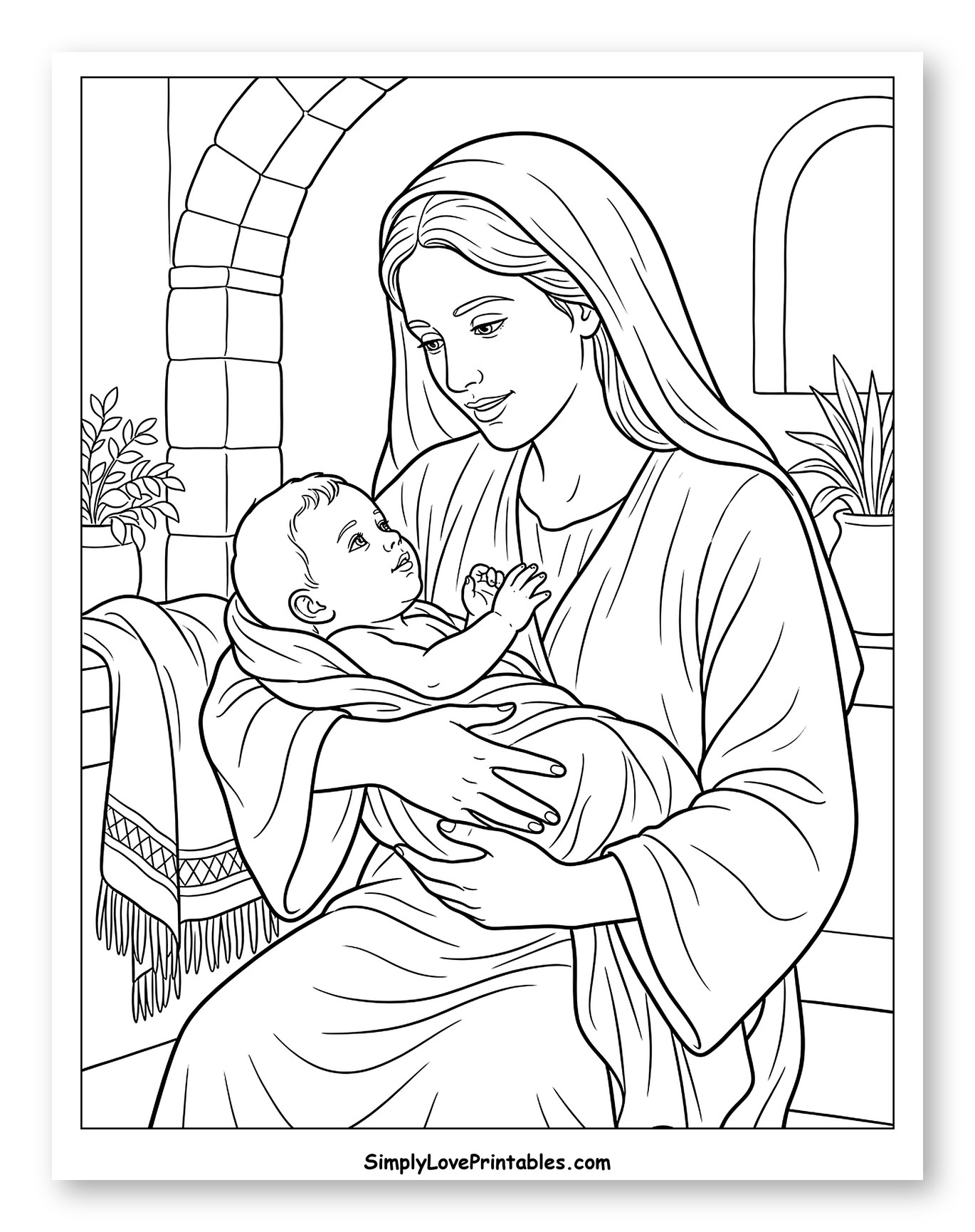 Mary Gently Holding Baby Jesus Coloring Page