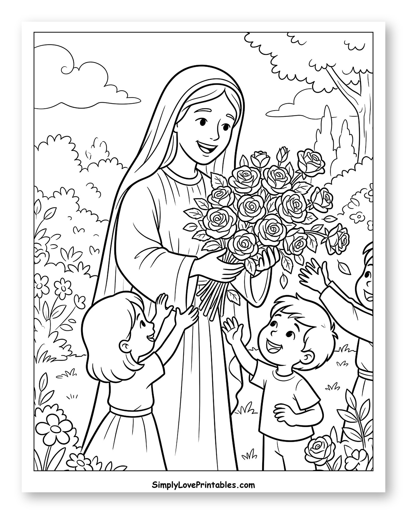 Mary Giving Roses to Delighted Children Coloring Sheet for Kids
