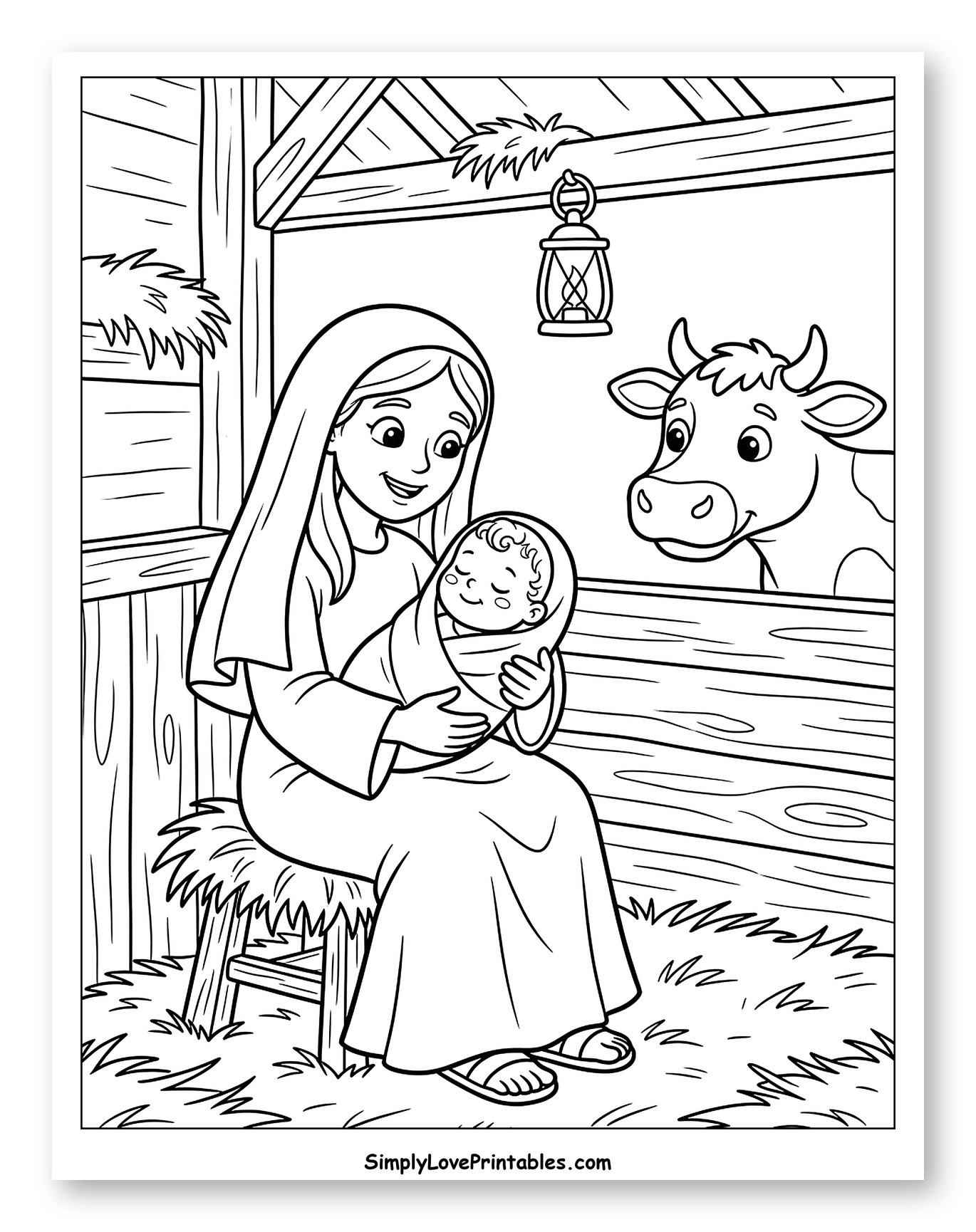 Mary Holding Baby Jesus in a Stable Coloring Page for Kids