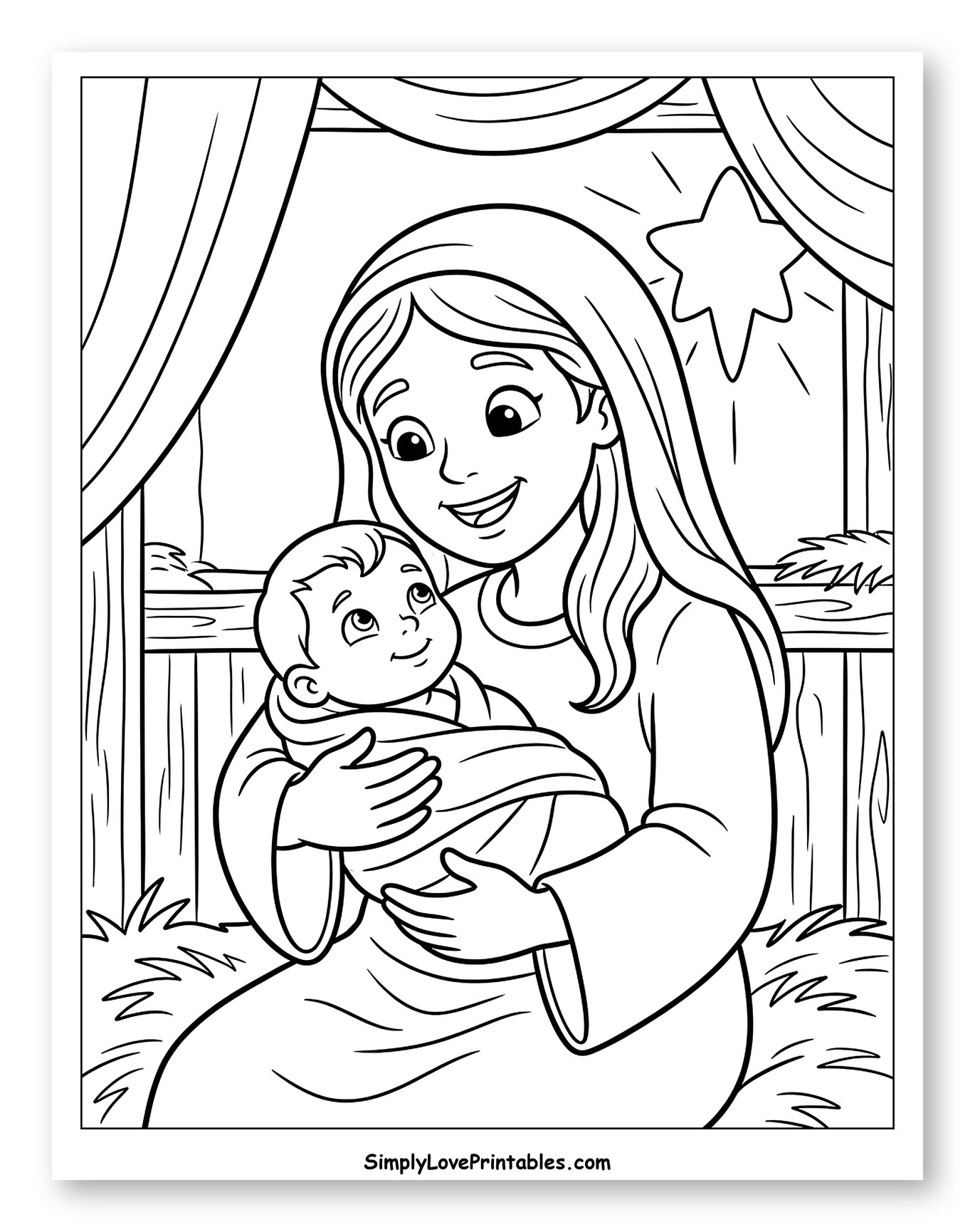 Mary Holding Baby Jesus in Stable to Color for Kids