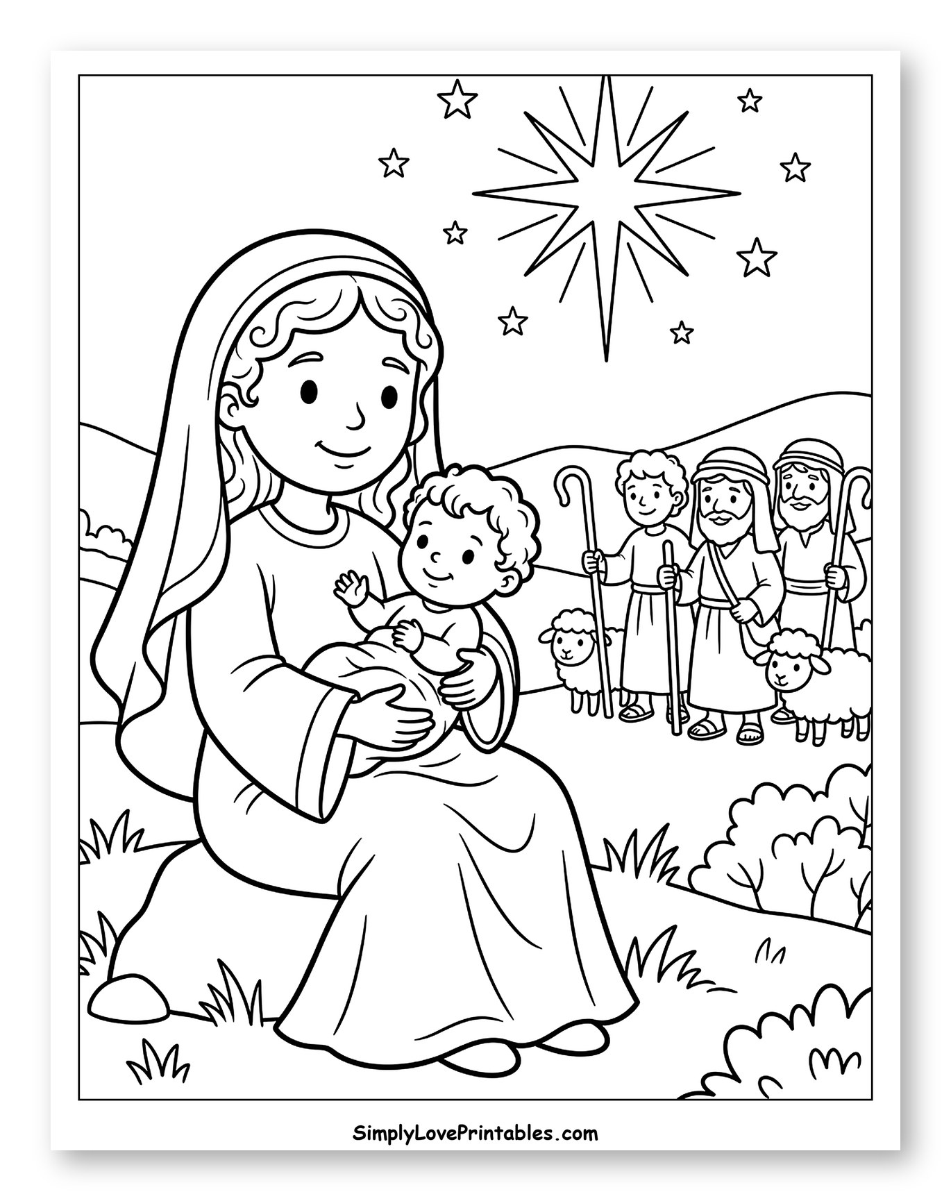 Mary Holding Baby Jesus with Shepherds Coloring Sheet for Kids