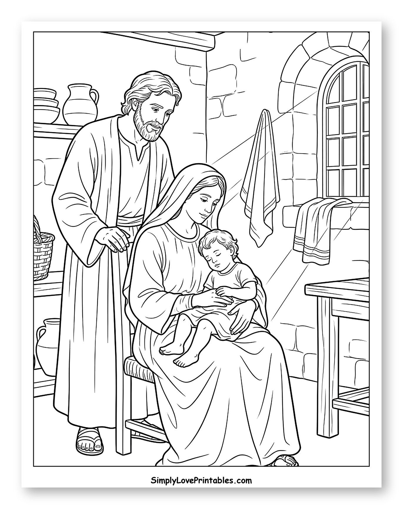 Mary Holding Sleeping Jesus with Joseph to Color