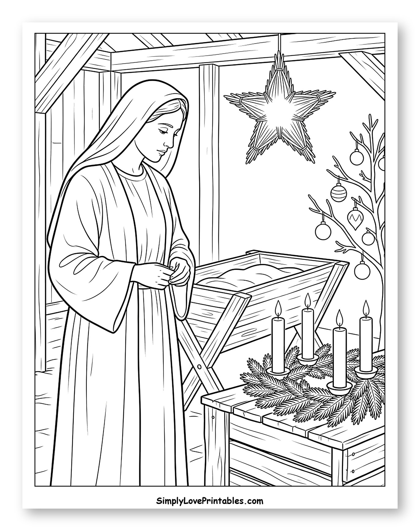 Mary in a Stable with Advent Decorations