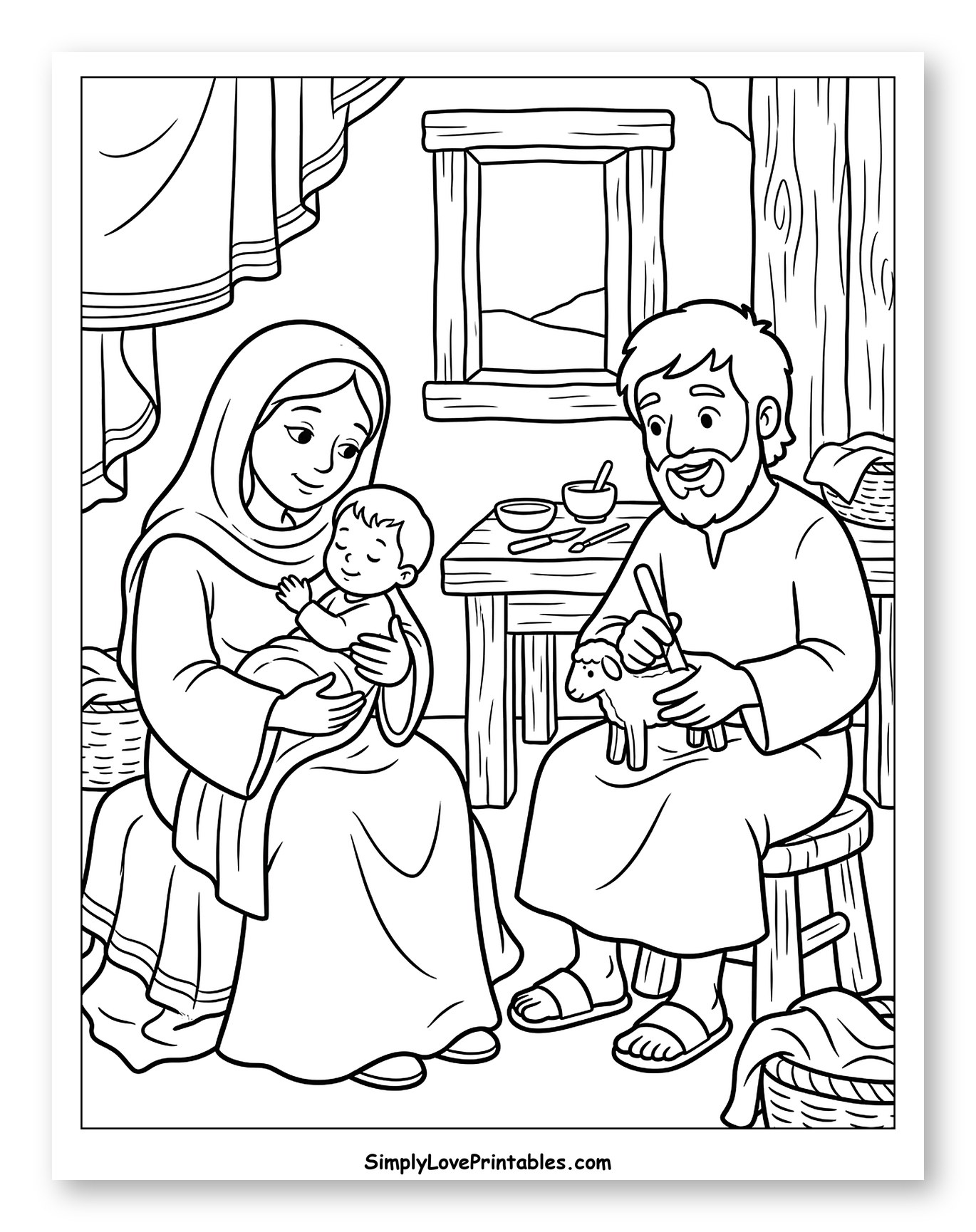 Mary, Joseph, and Baby Jesus at Home Coloring Sheet for Kids