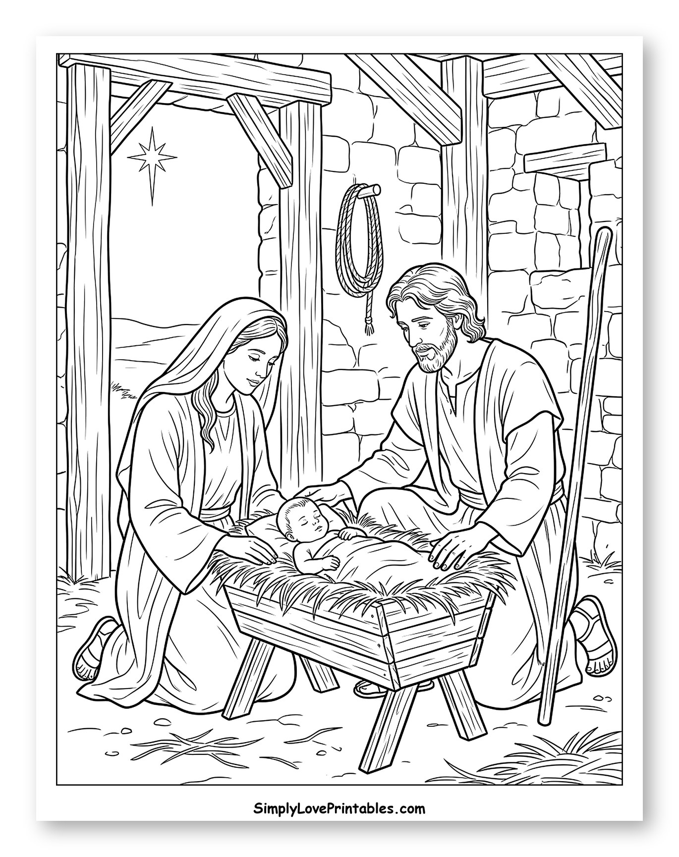Mary, Joseph, and Baby Jesus in a Stable Coloring Sheet