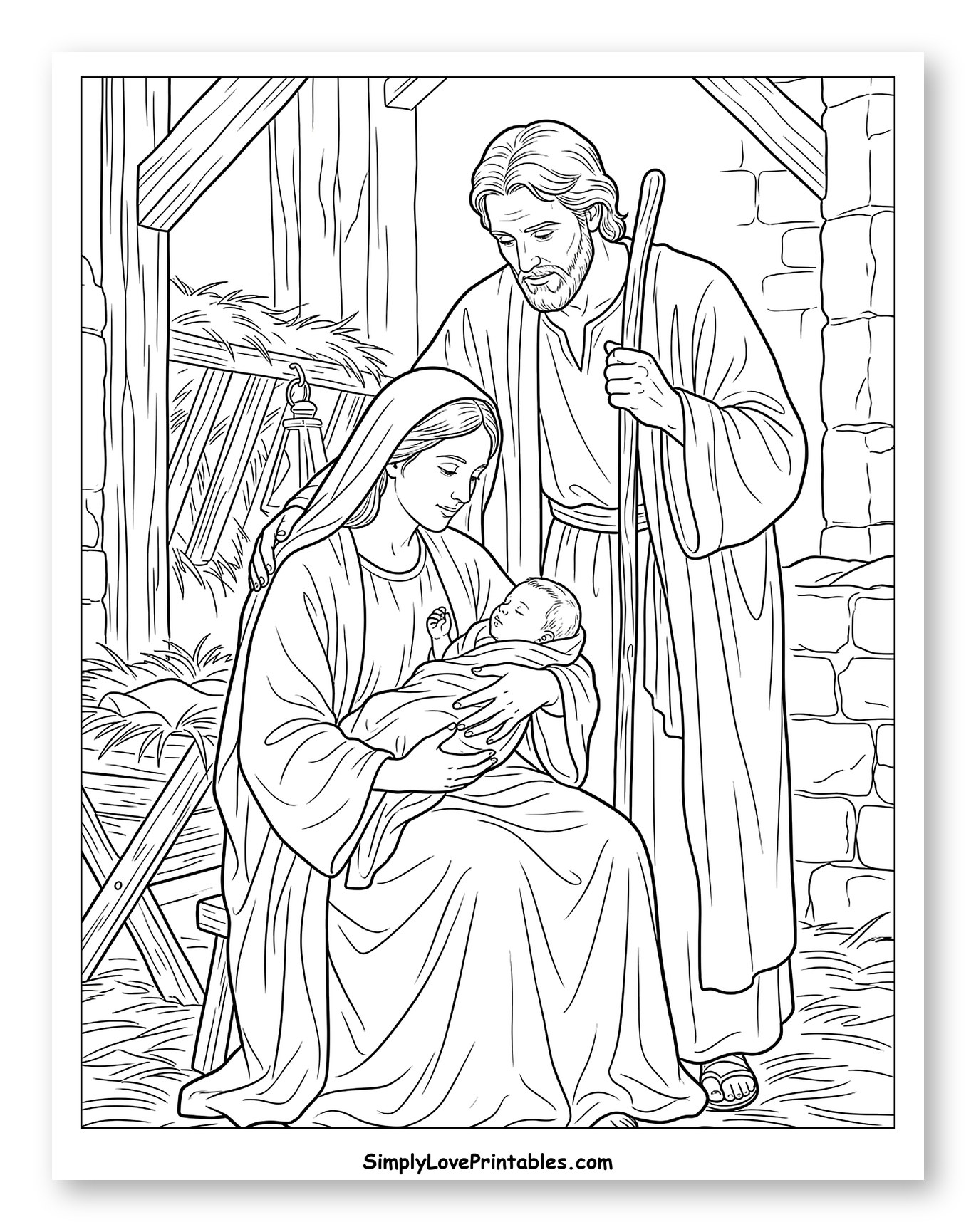 Mary, Joseph, and Baby Jesus in Manger Coloring Sheet