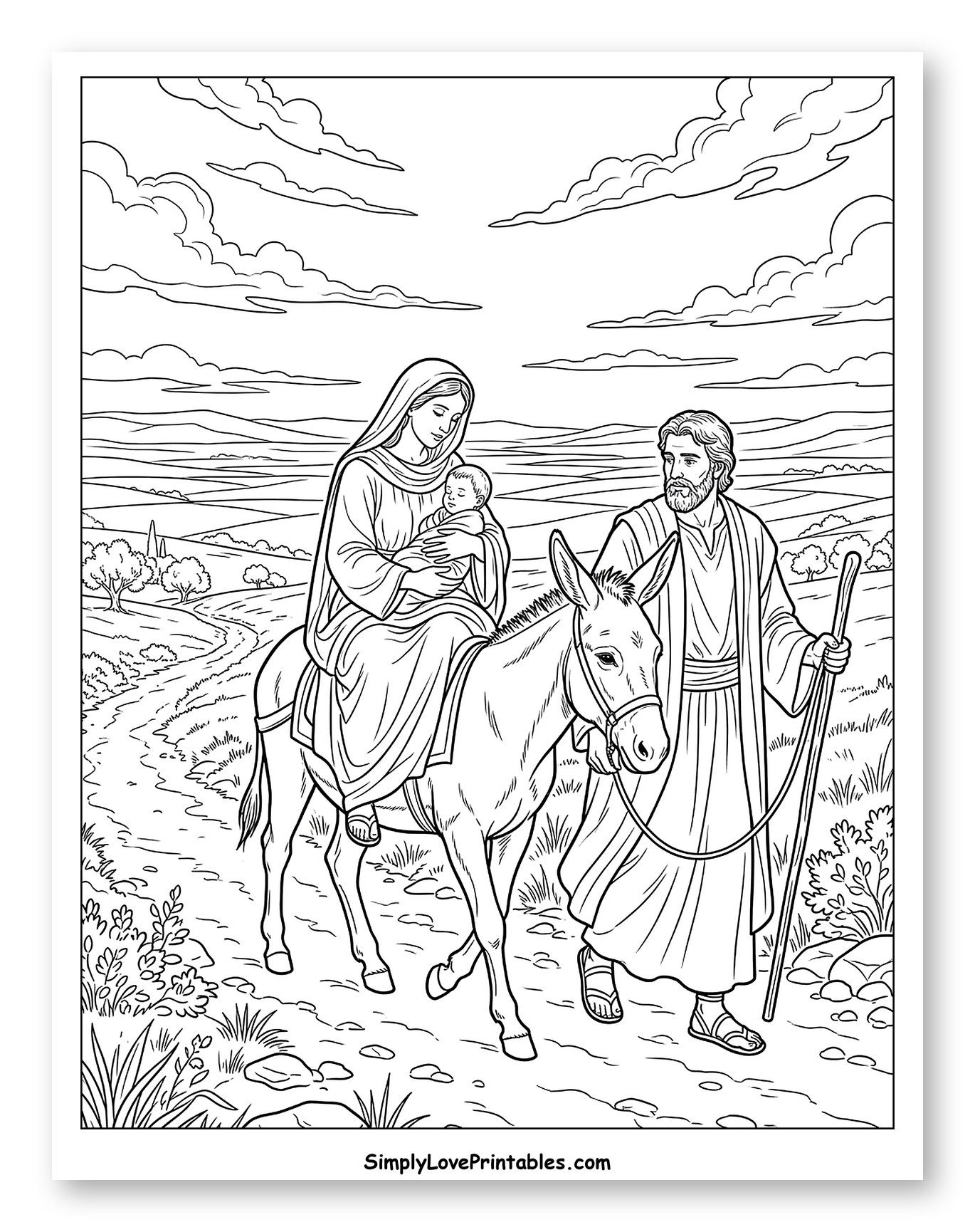 Mary, Joseph, and Baby Jesus on a Donkey Coloring Sheet