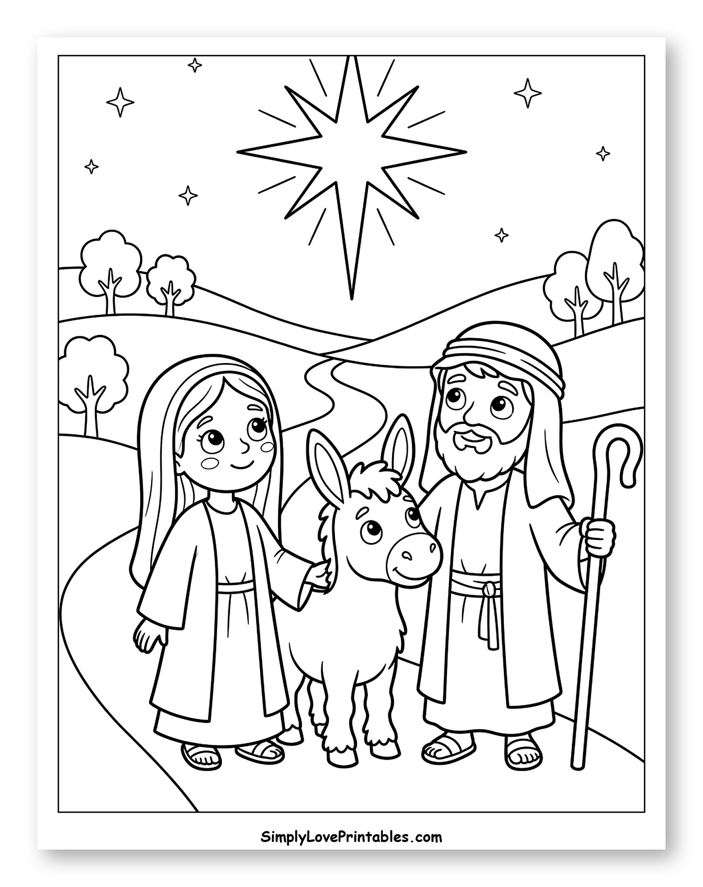 Mary, Joseph, and Donkey Following the Star Coloring Page for Kids