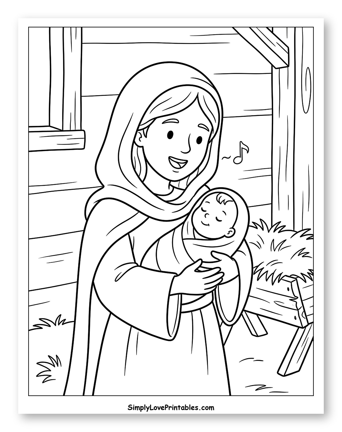 Mary Lovingly Holding Baby Jesus in a Stable Coloring Page for Kids