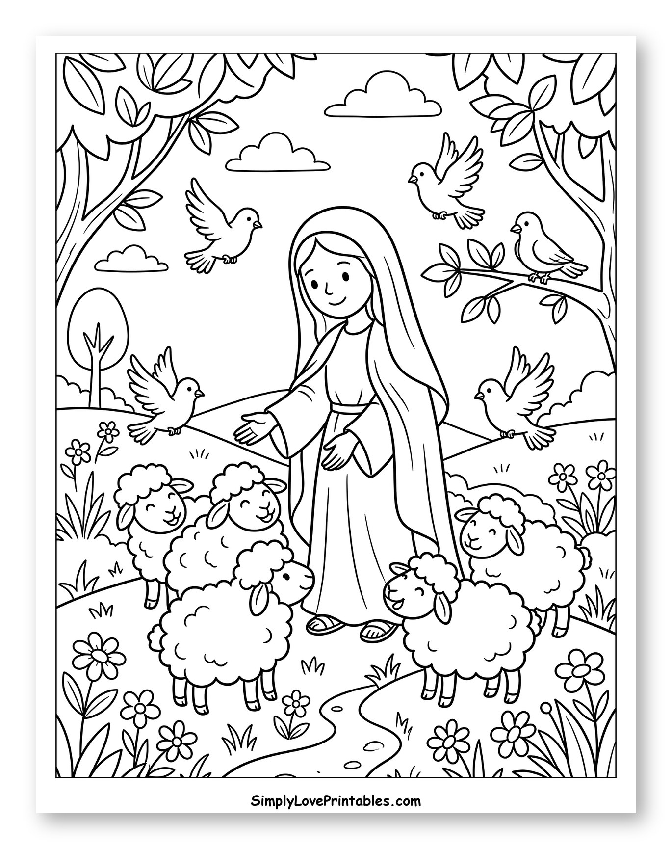 Mary, Sheep, and Birds in Nature Coloring Sheet for Kids