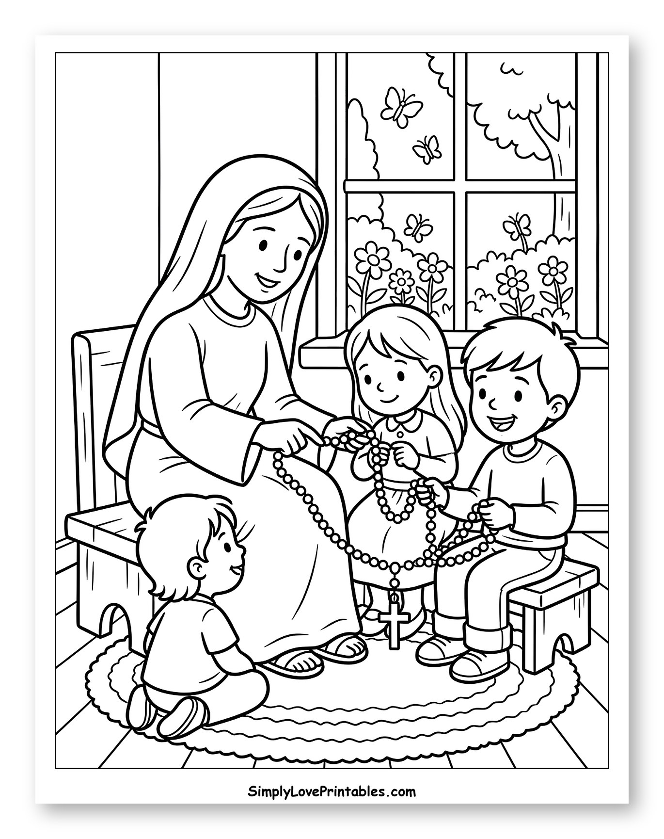 Mary Teaching Children the Rosary to Color for Kids