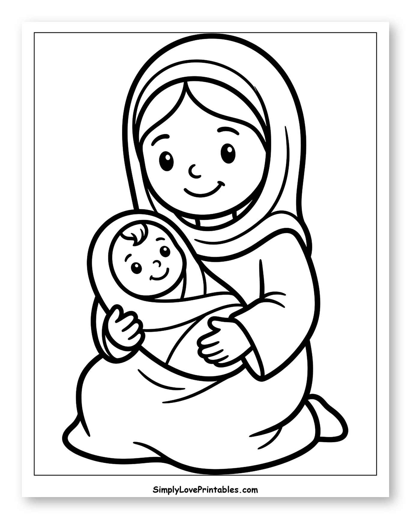 Mary Tenderly Holding Baby Jesus Coloring Sheet for Toddlers
