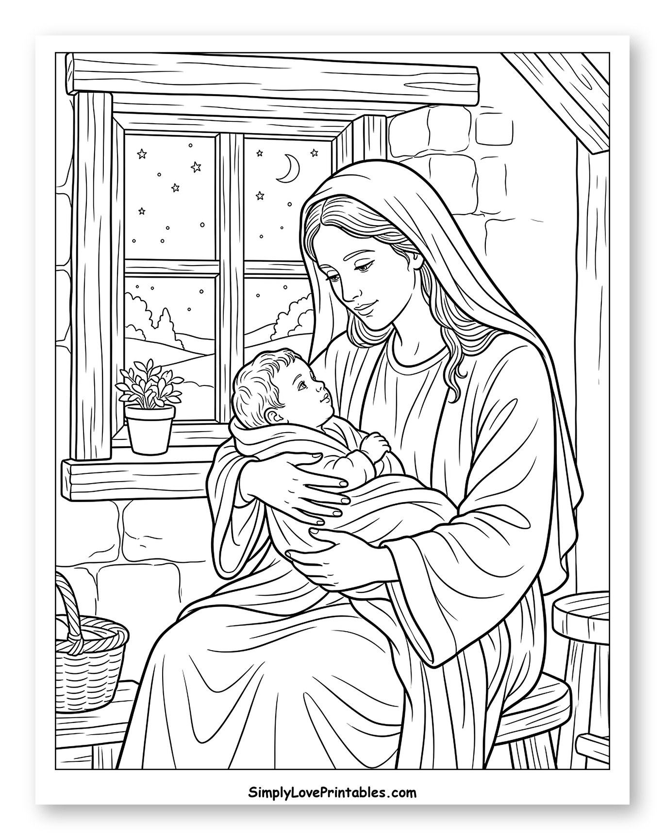 Mary with Baby Jesus by a Starry Window
