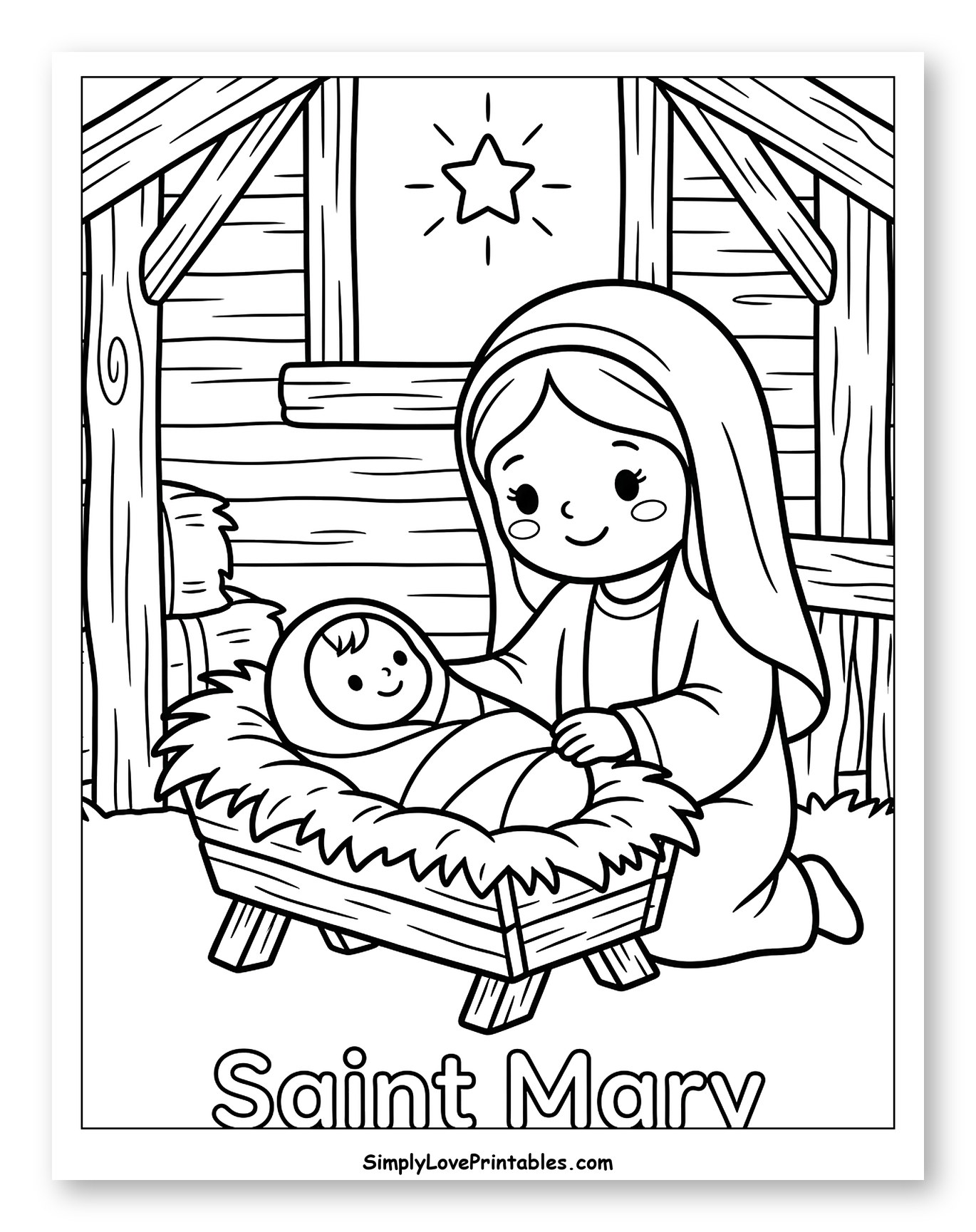 Mary with Baby Jesus in a Manger Coloring Sheet for Kids